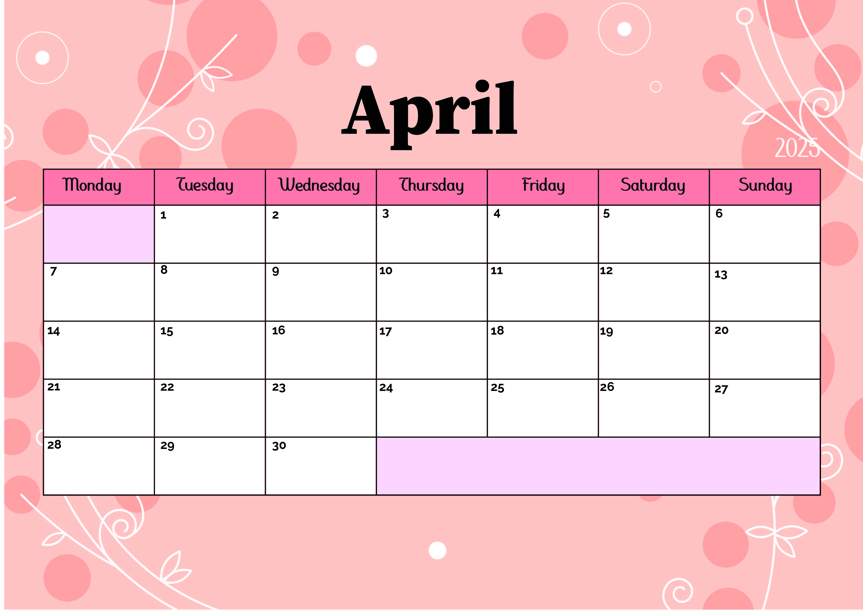 April 2025 Calendar for Printing in PDF