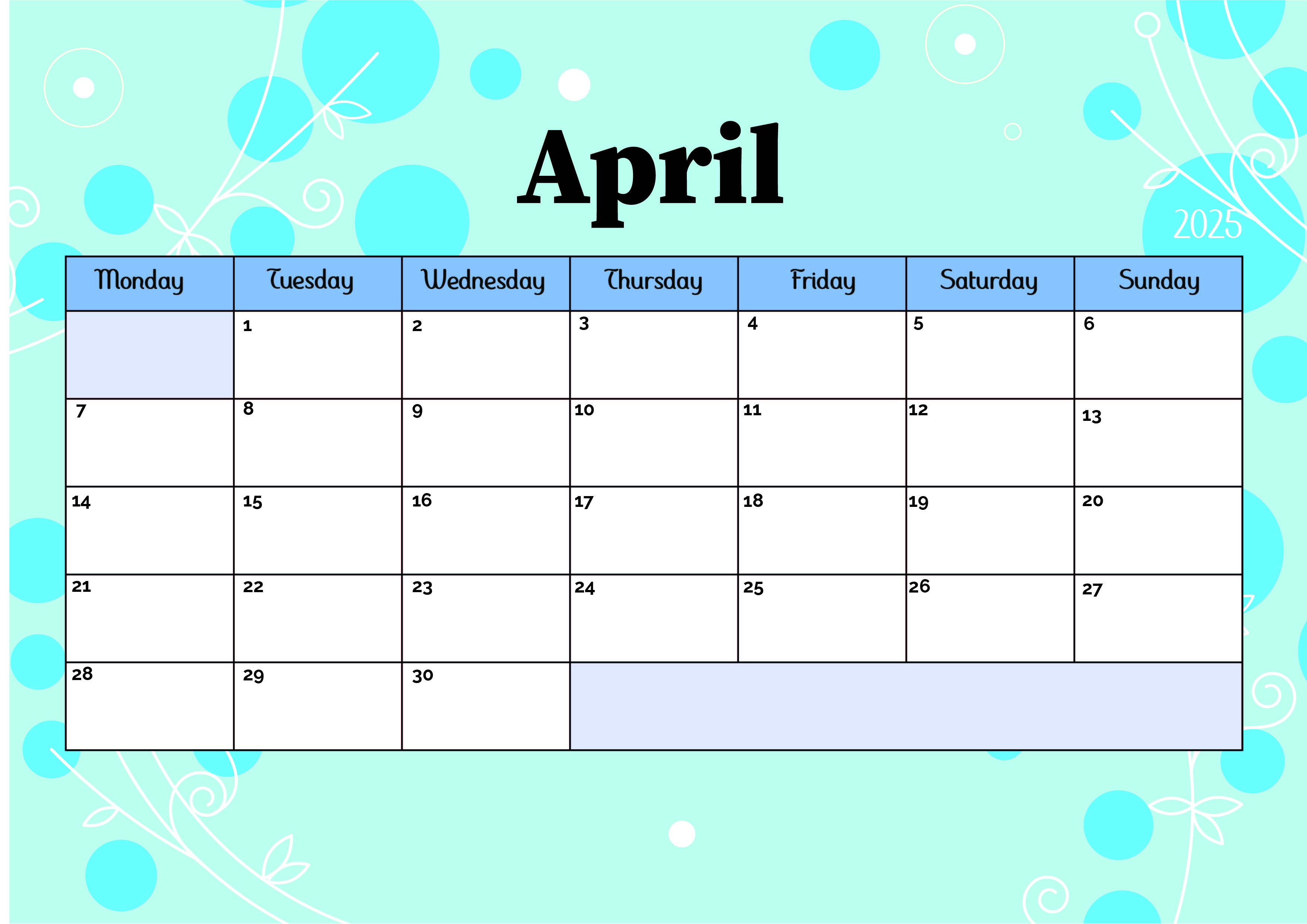 April 2025 Calendar for Printing in PDF