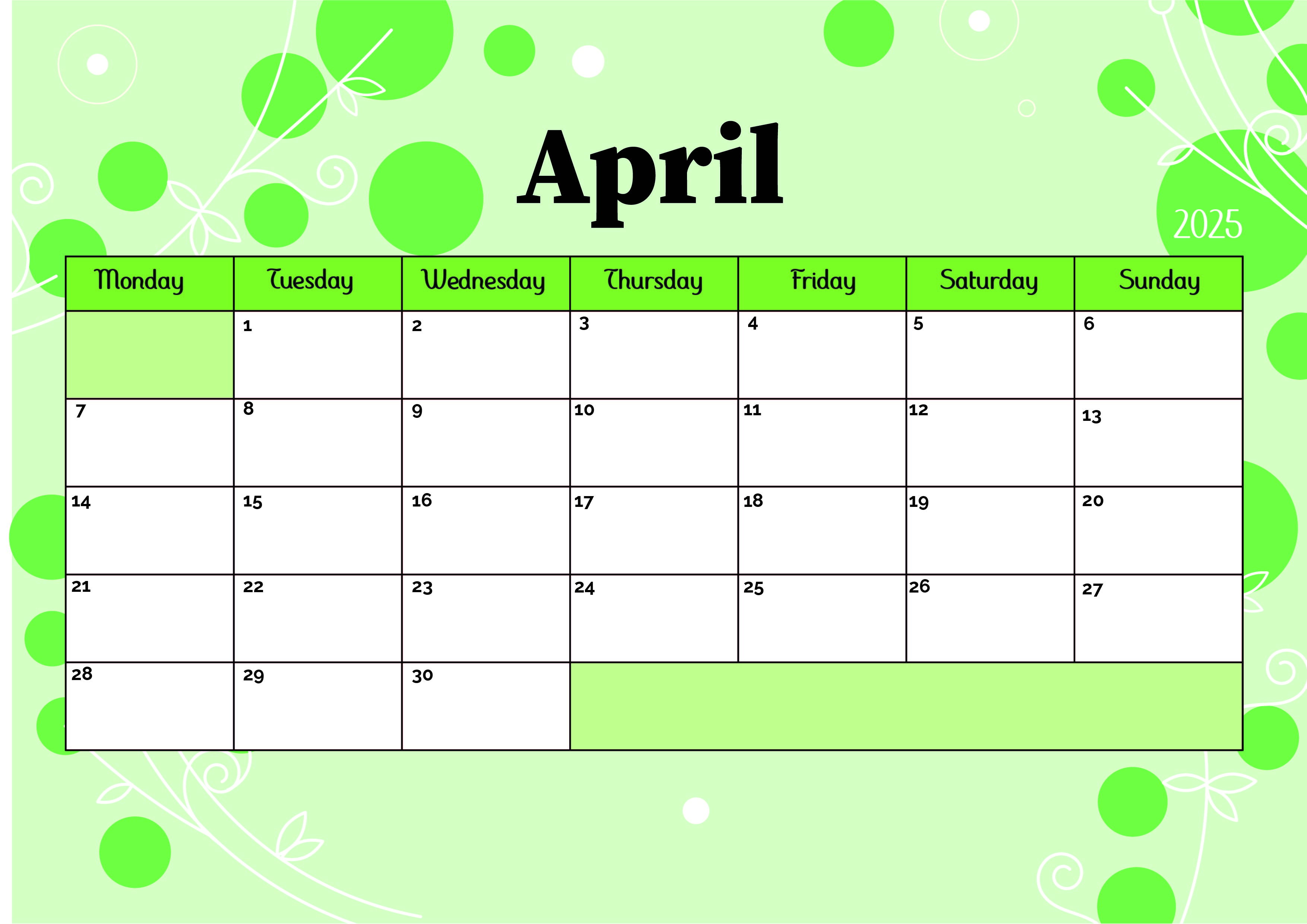 April 2025 Calendar for Printing in PDF