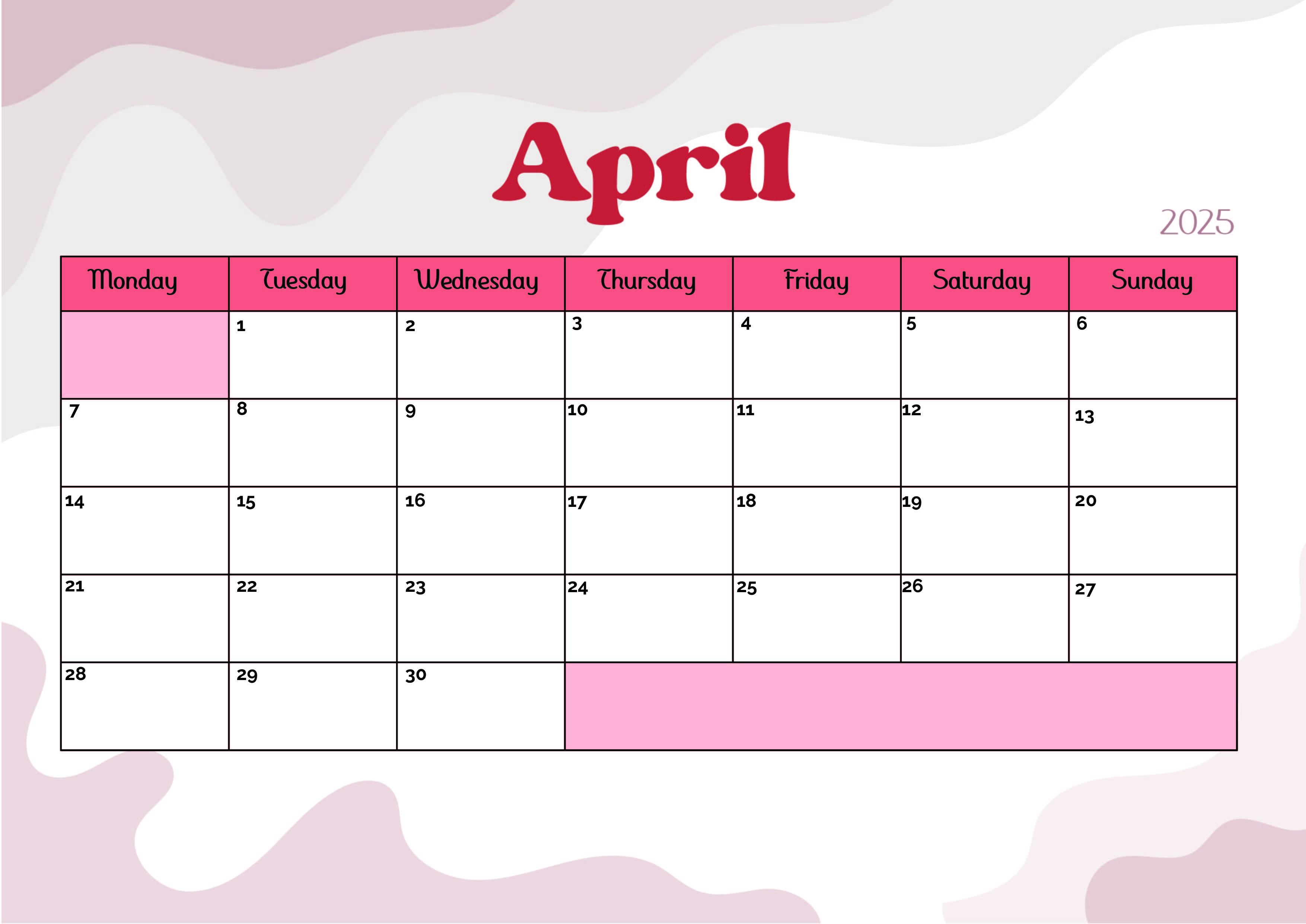 April 2025 Calendar for Printing in PDF