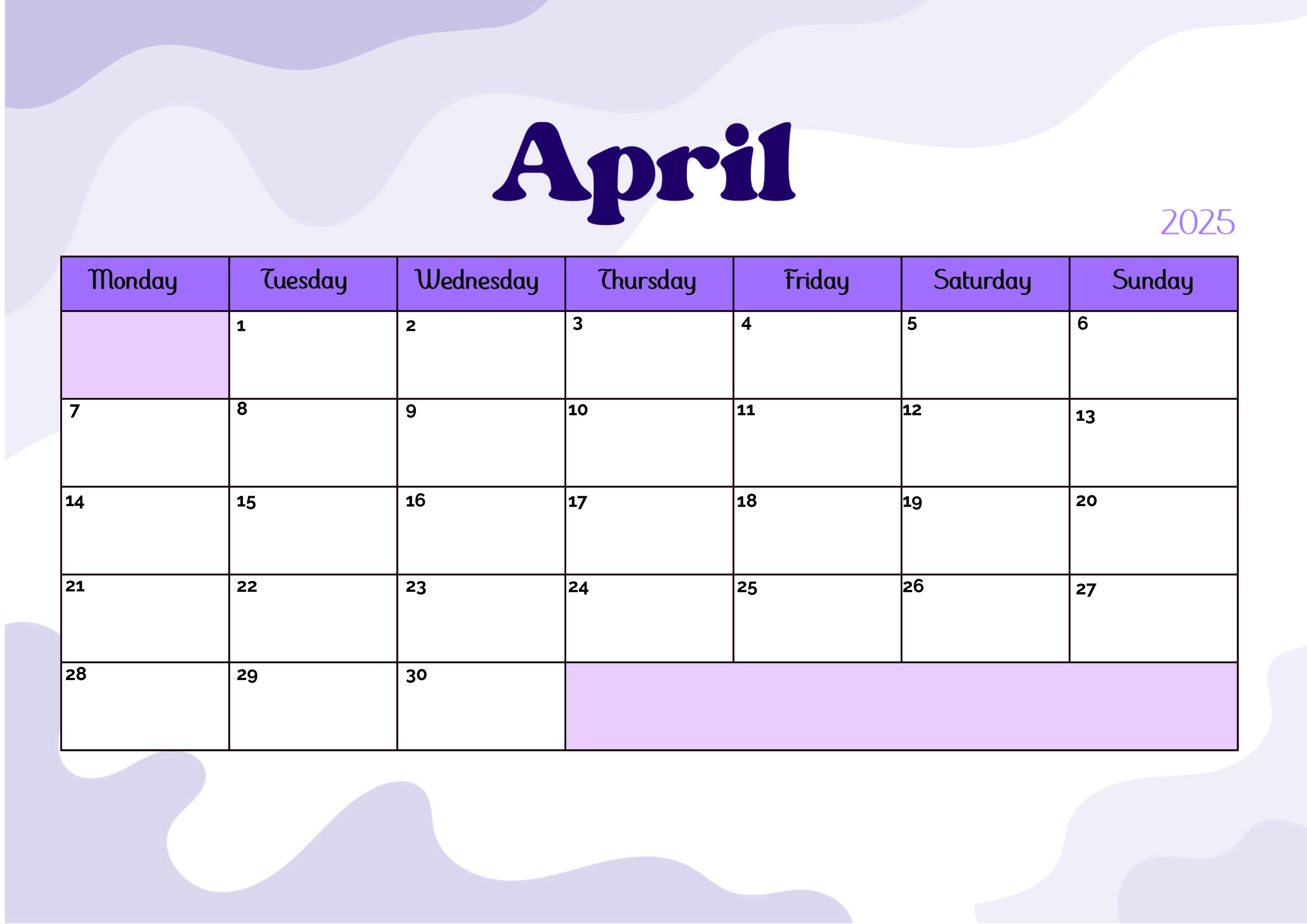 April 2025 Calendar for Printing in PDF