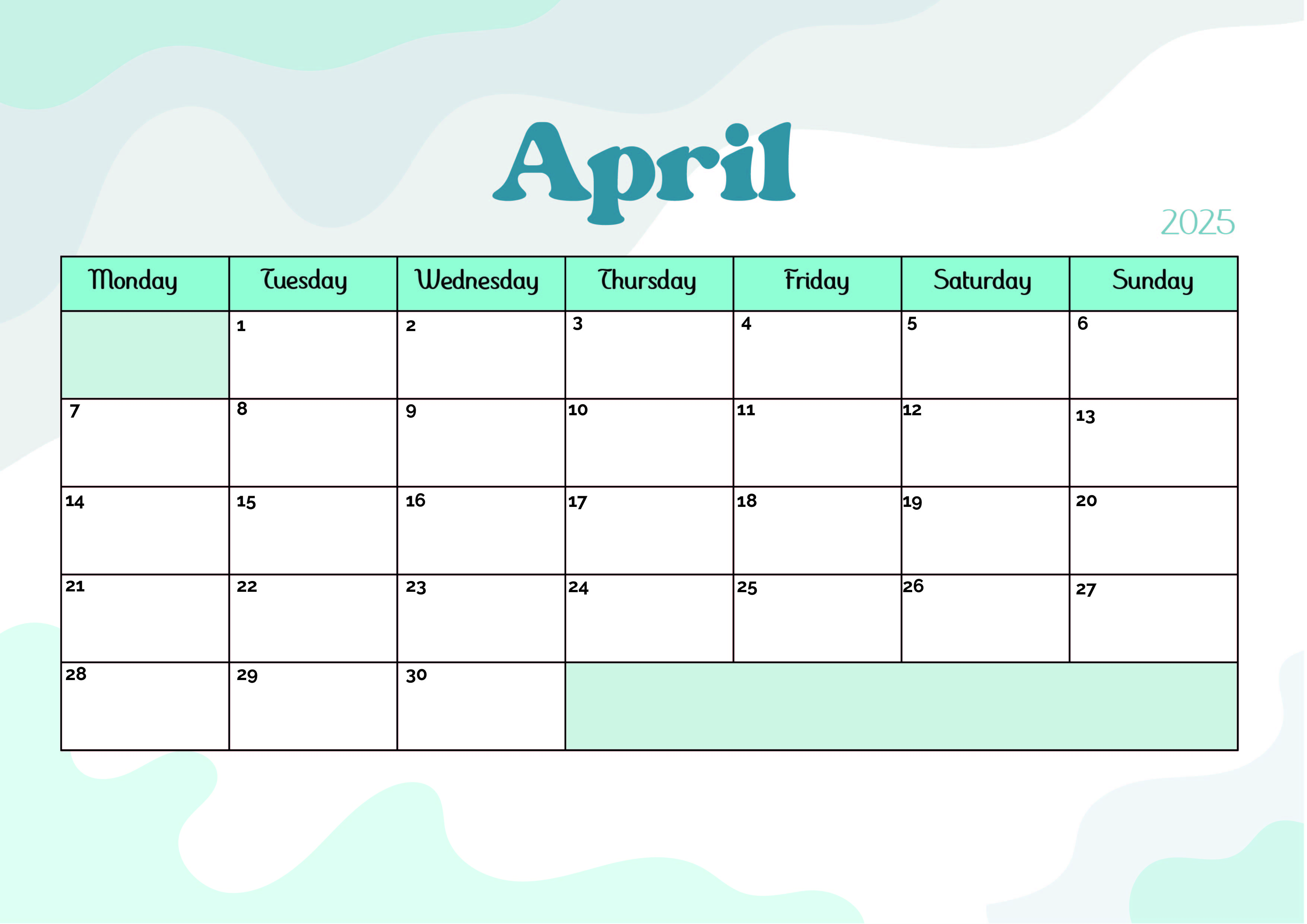 April 2025 Calendar for Printing in PDF