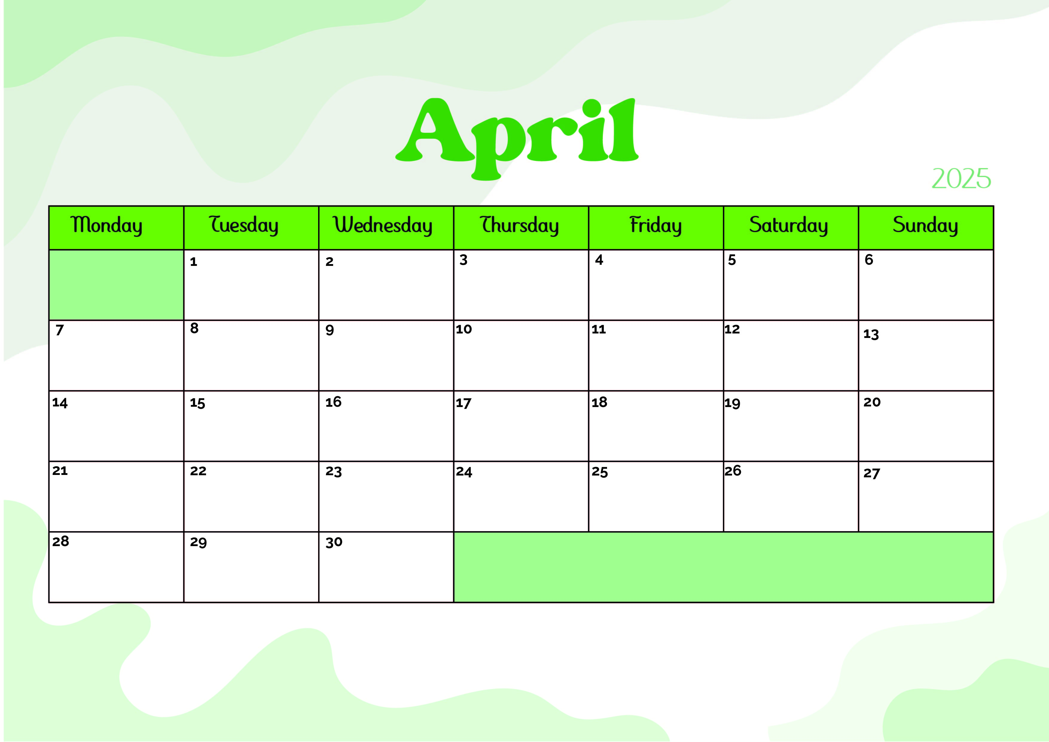 April 2025 Calendar for Printing in PDF