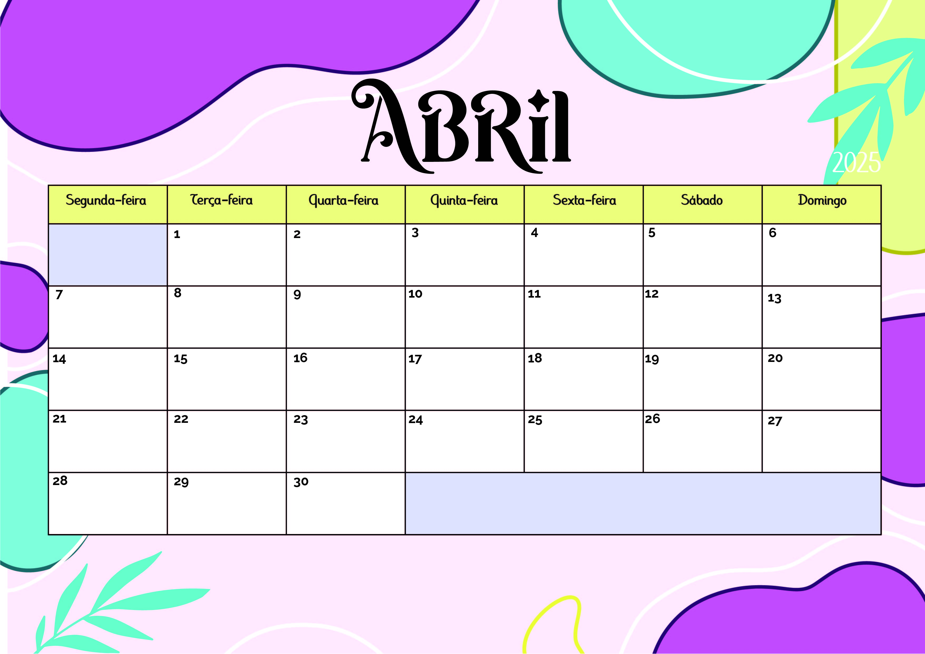 Calendário de Abril de 2025 para imprimir em PDF