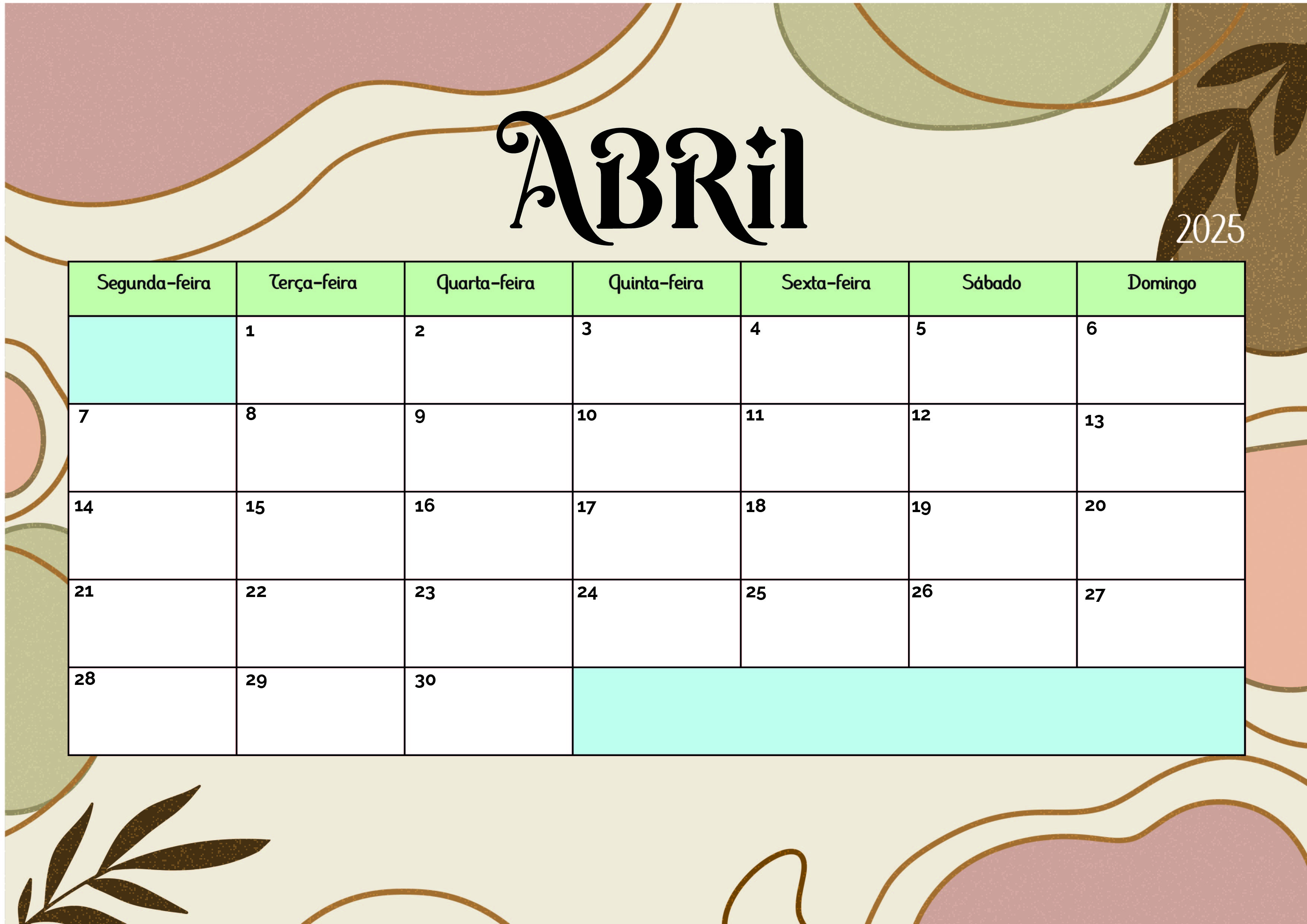 Calendário de Abril de 2025 para imprimir em PDF