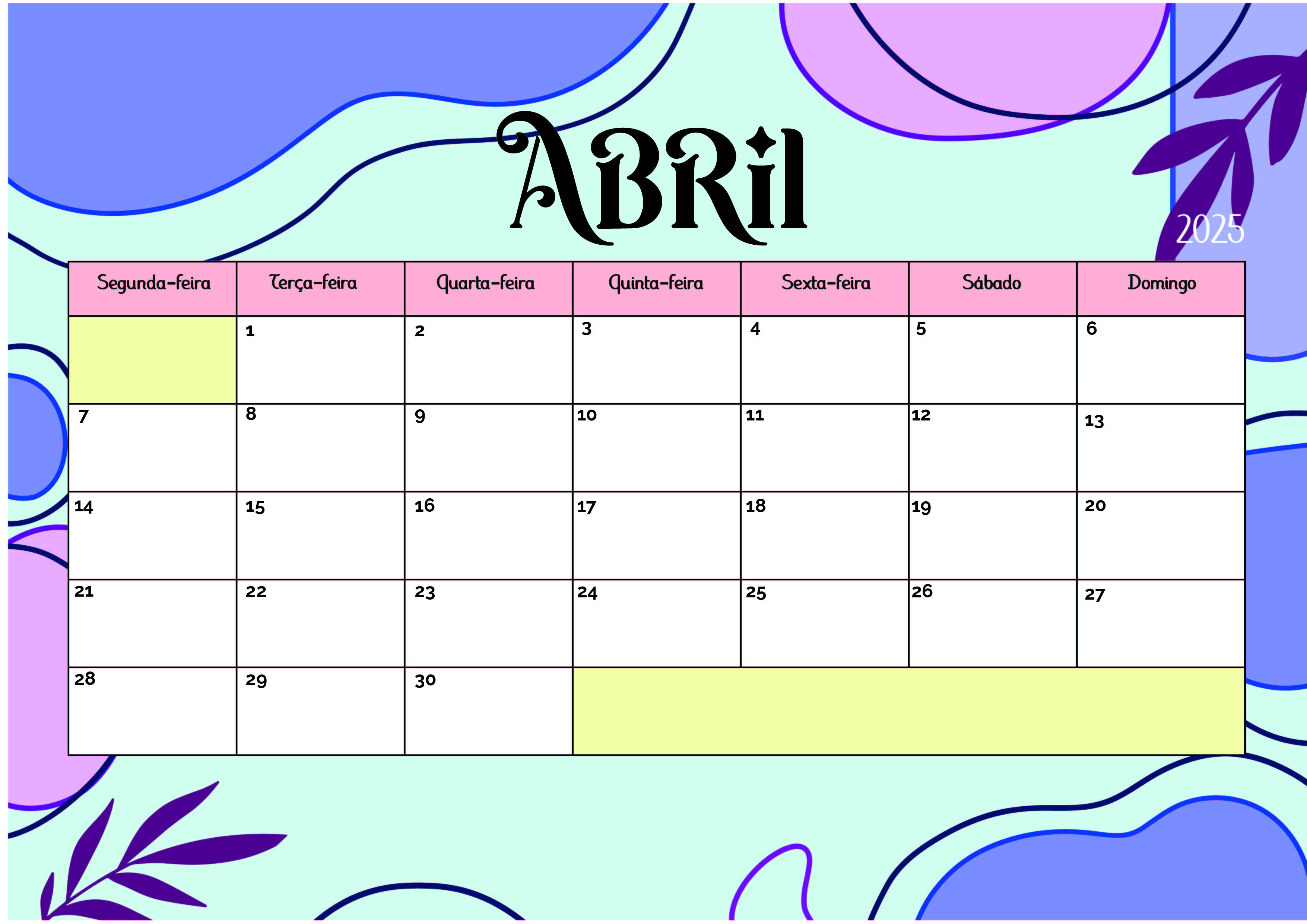 Calendário de Abril de 2025 para imprimir em PDF