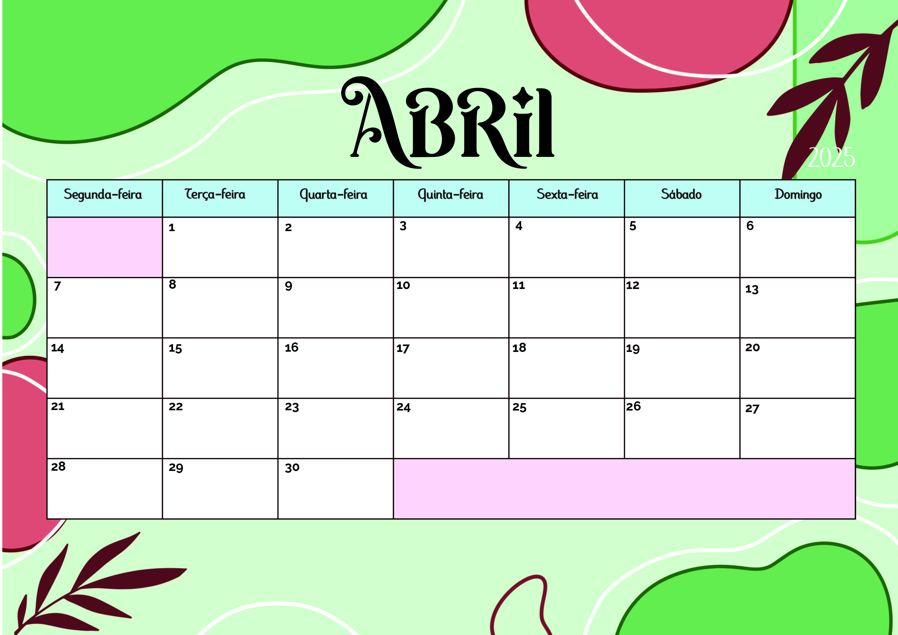 Calendário de Abril de 2025 para imprimir em PDF