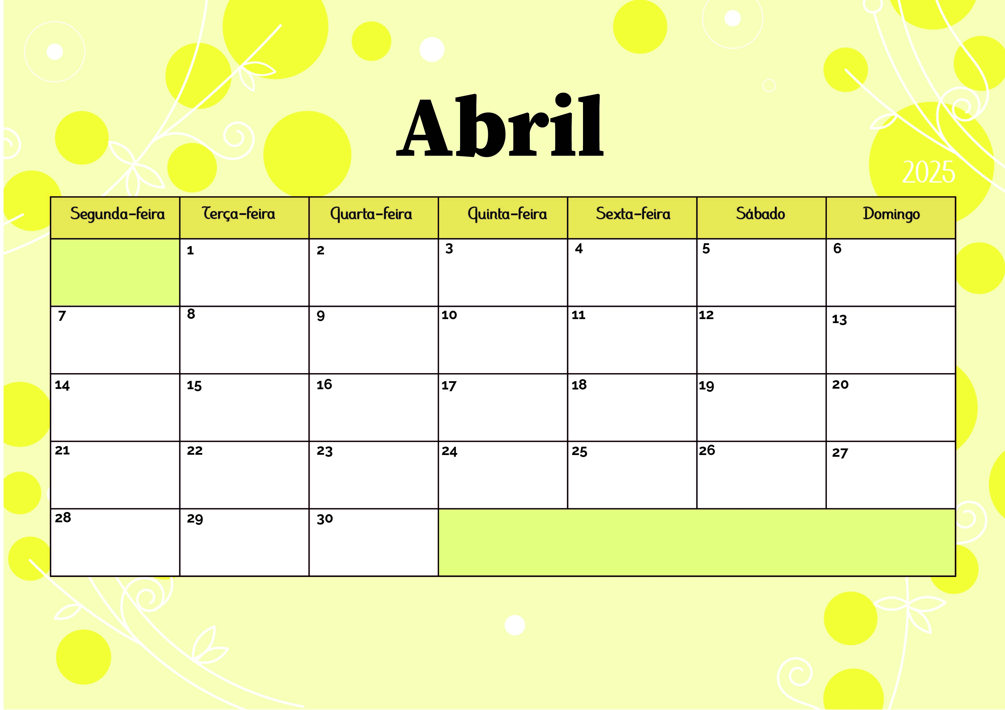 Calendário de Abril de 2025 para imprimir em PDF