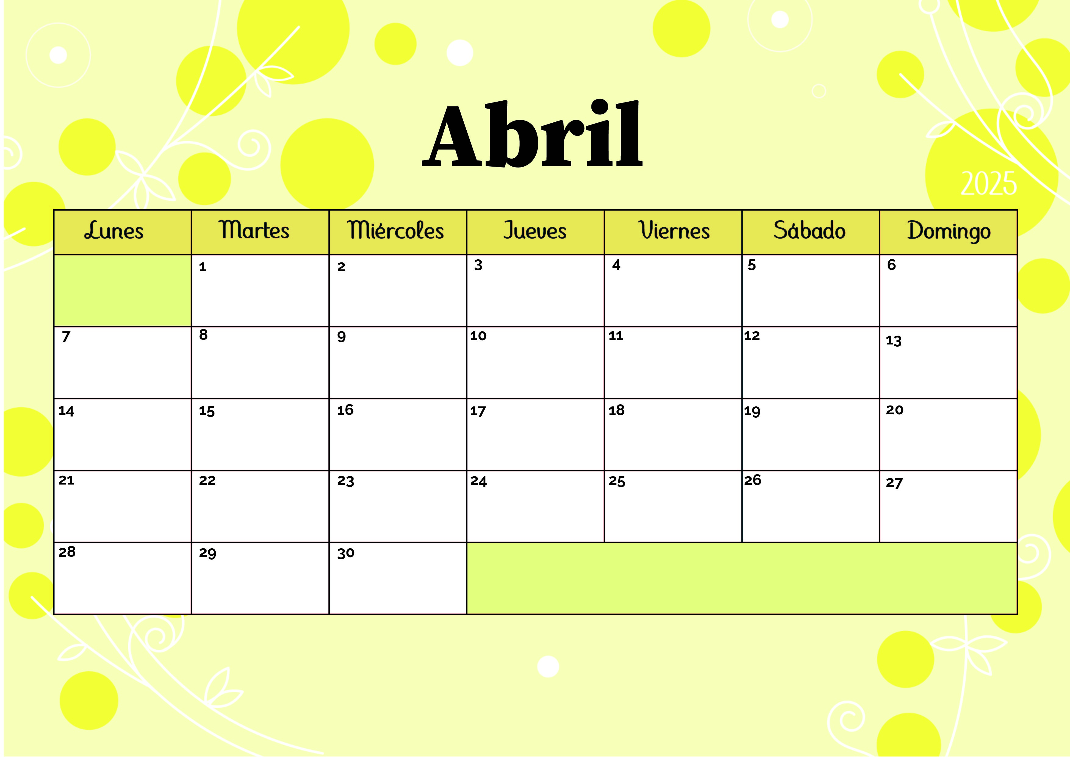 Calendario de Abril 2025 para imprimir en PDF