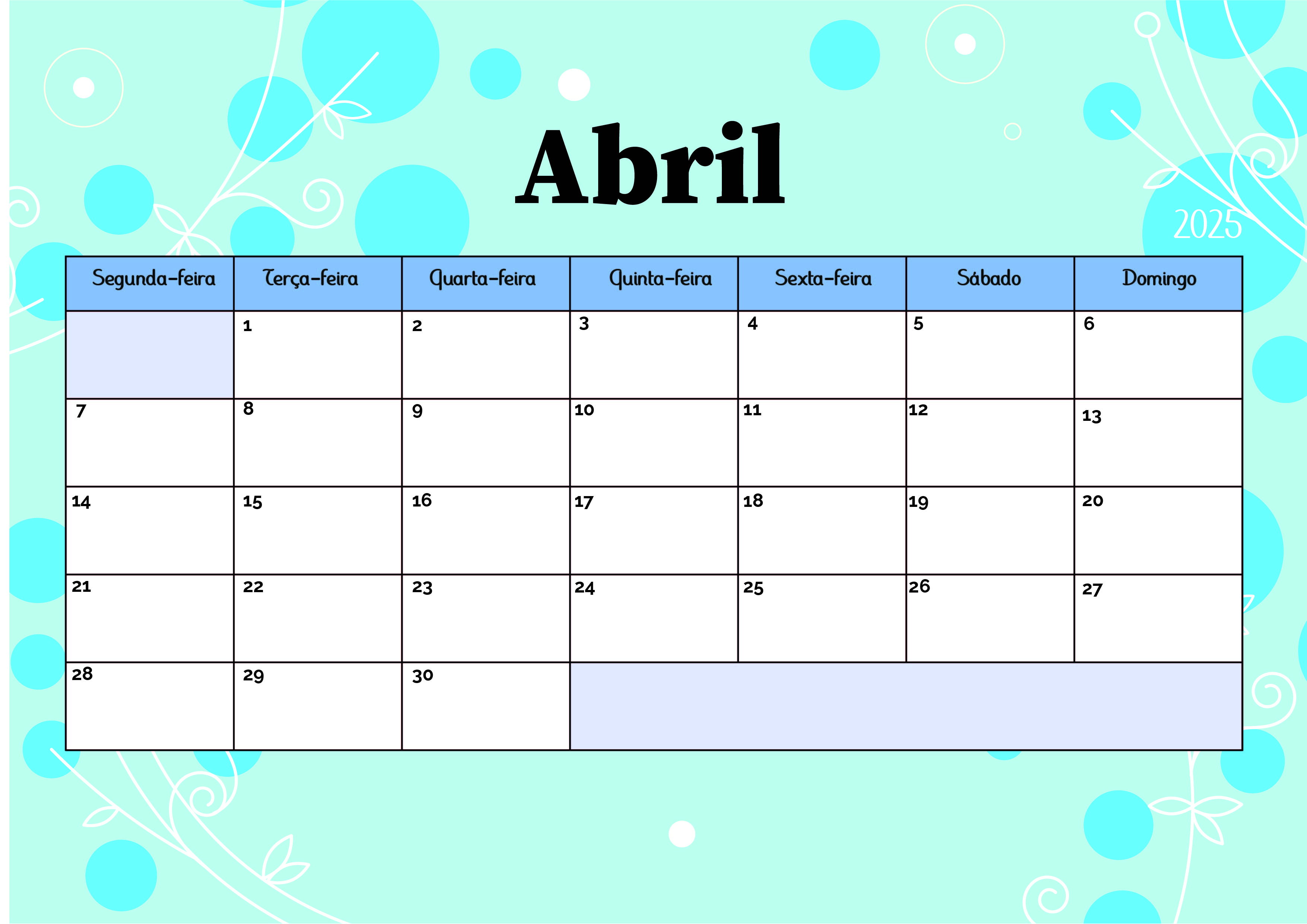 Calendário de Abril de 2025 para imprimir em PDF