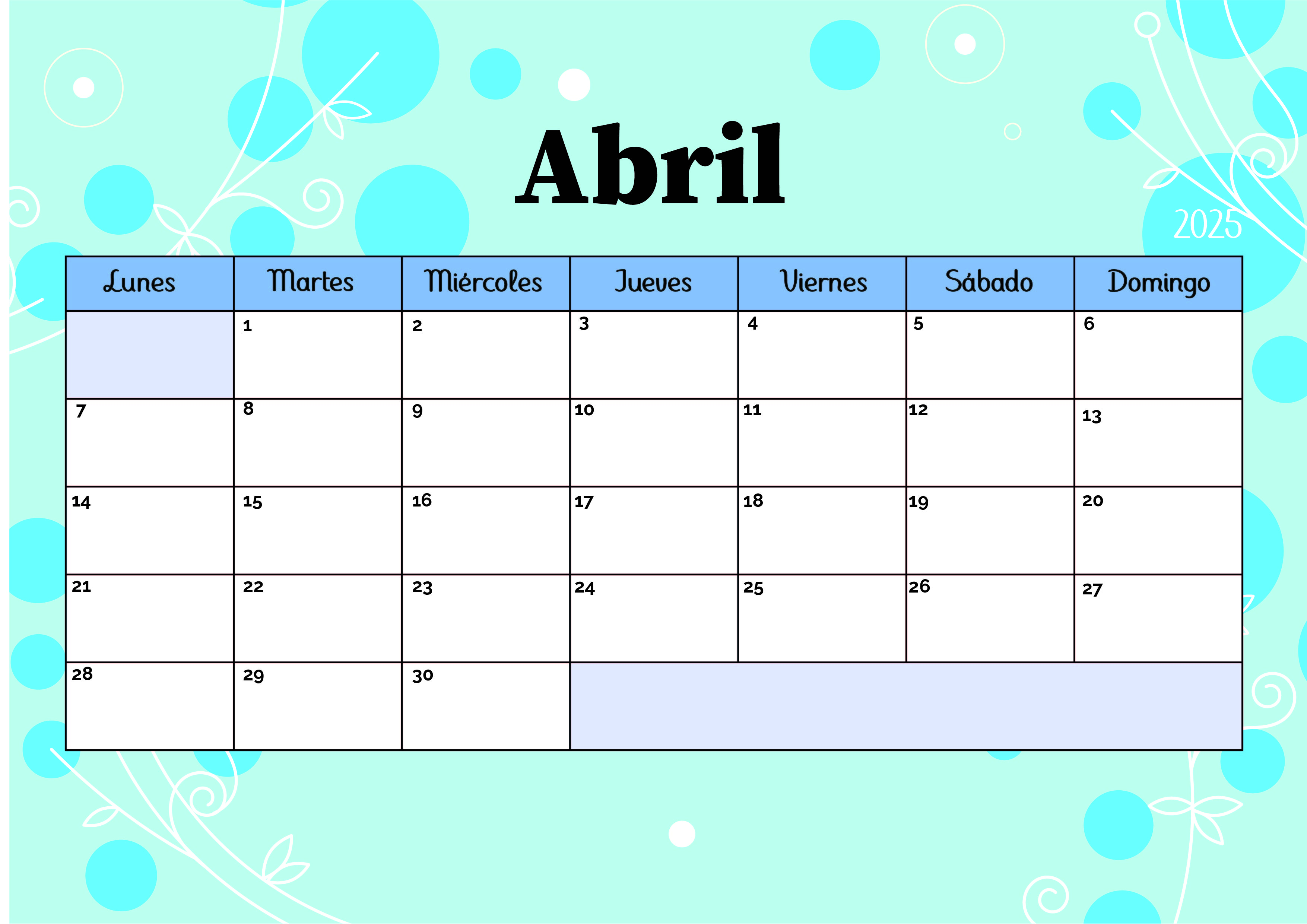 Calendario de Abril 2025 para imprimir en PDF