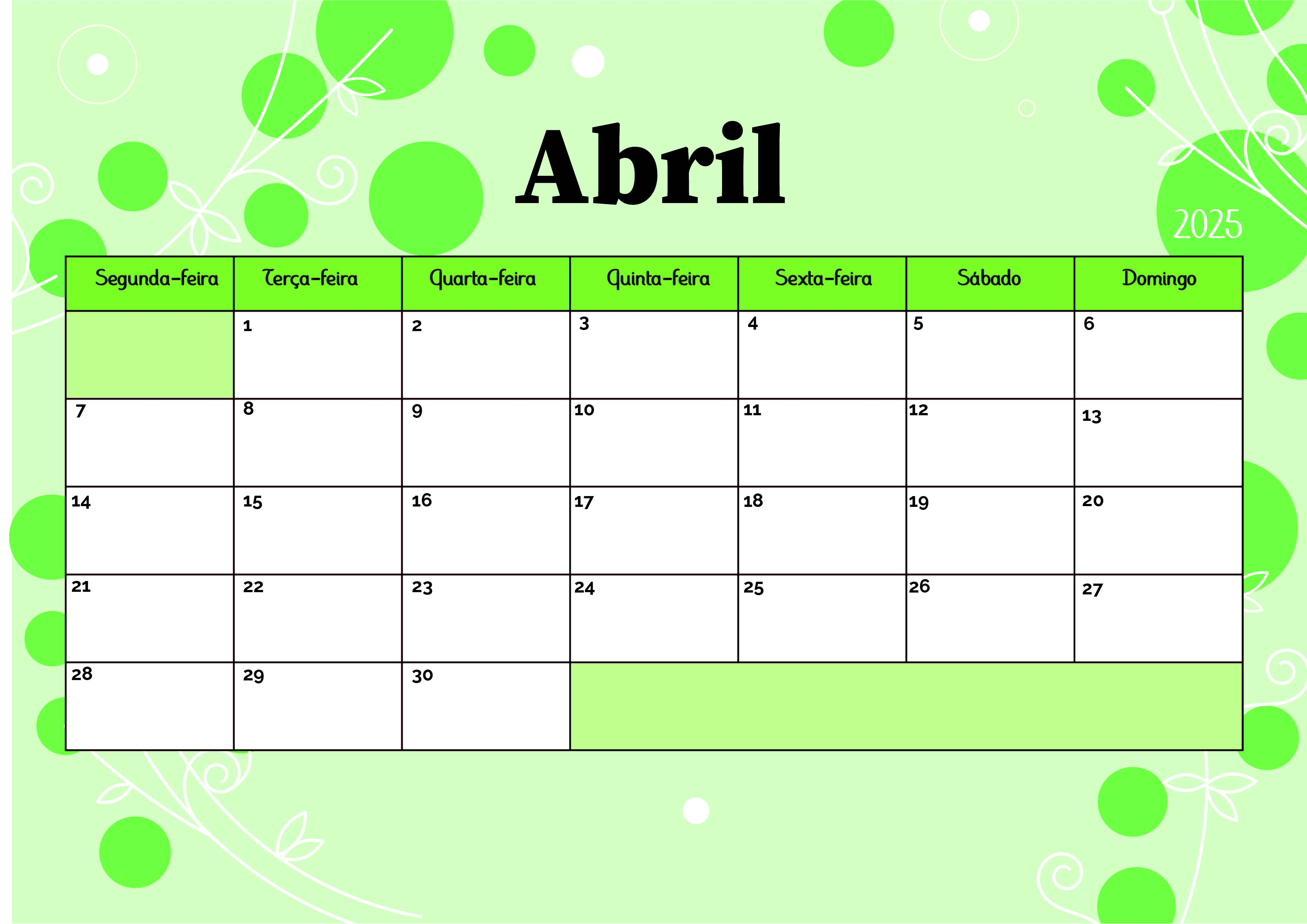 Calendário de Abril de 2025 para imprimir em PDF