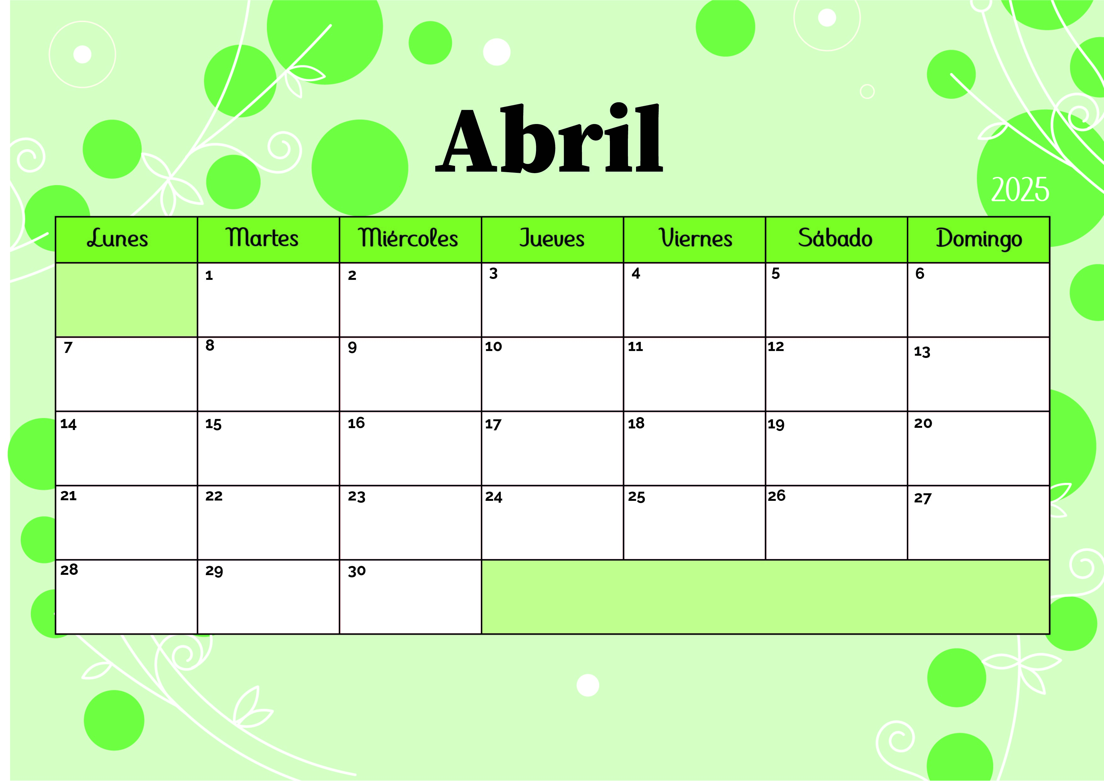 Calendario de Abril 2025 para imprimir en PDF