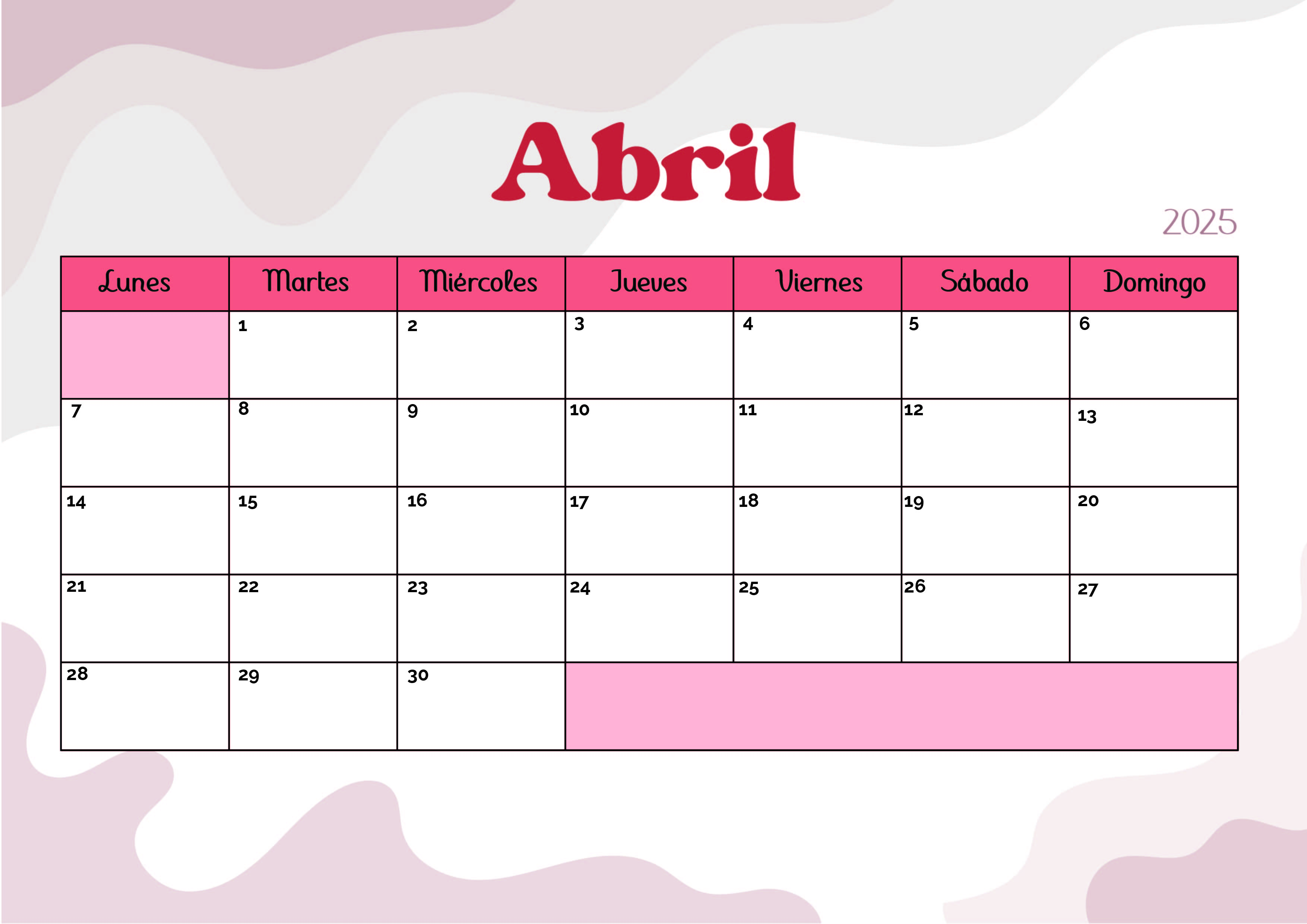 Calendario de Abril 2025 para imprimir en PDF