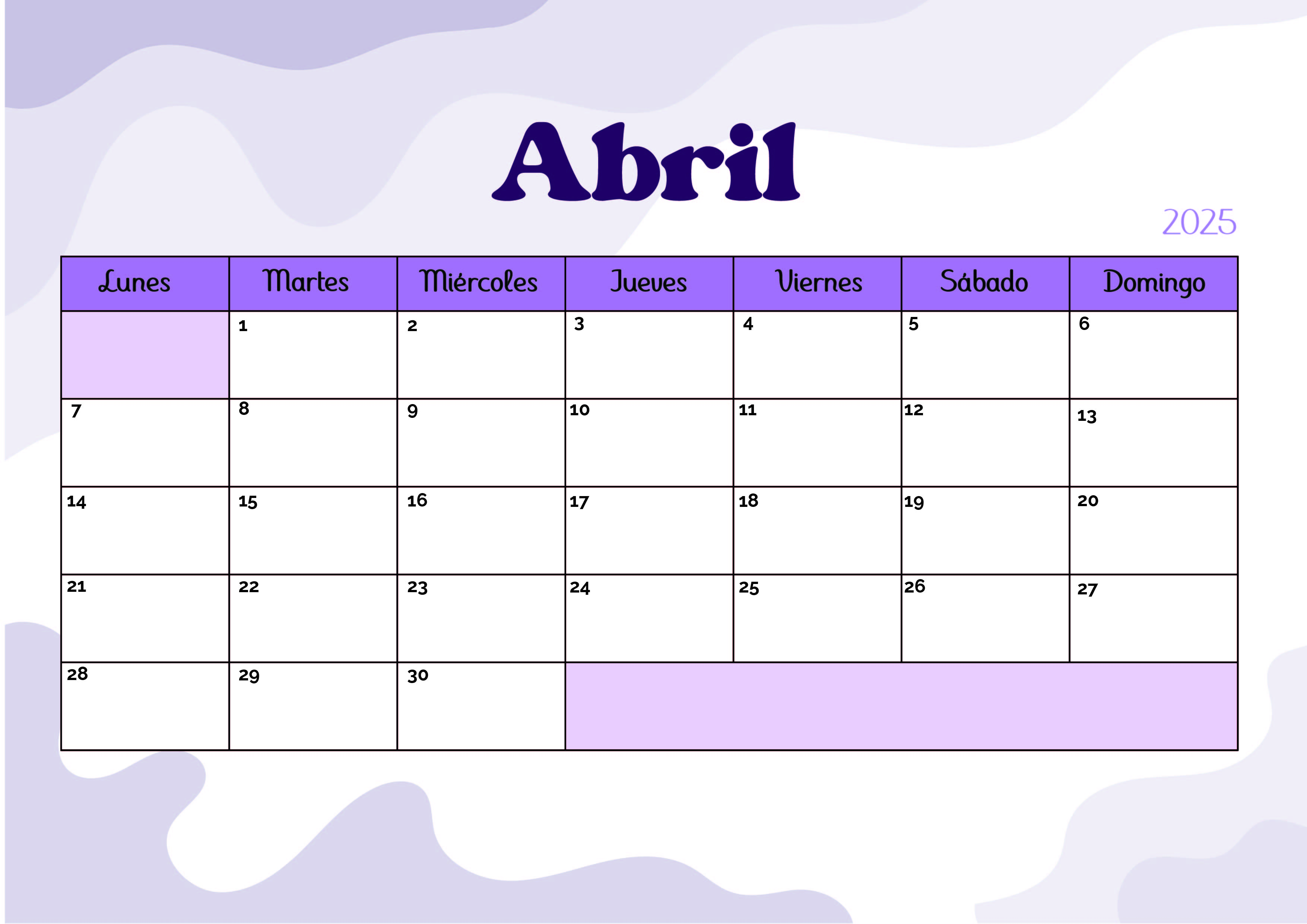 Calendario de Abril 2025 para imprimir en PDF