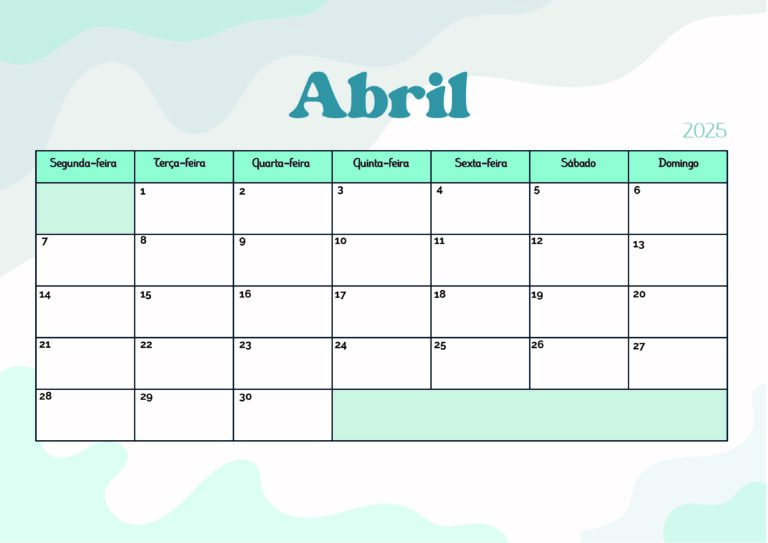 Calendário Abril 2025 para imprimir