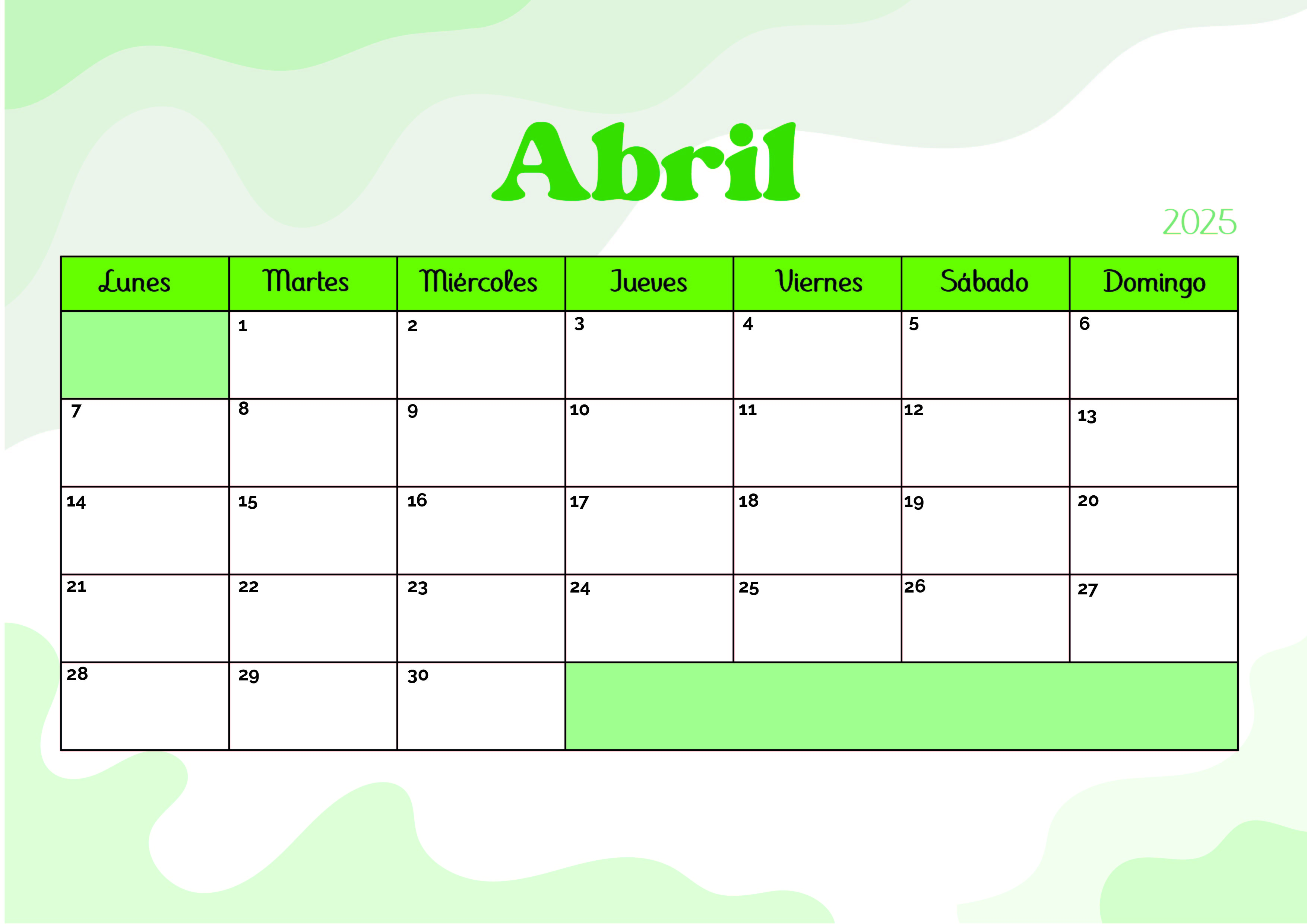 Calendario de Abril 2025 para imprimir en PDF