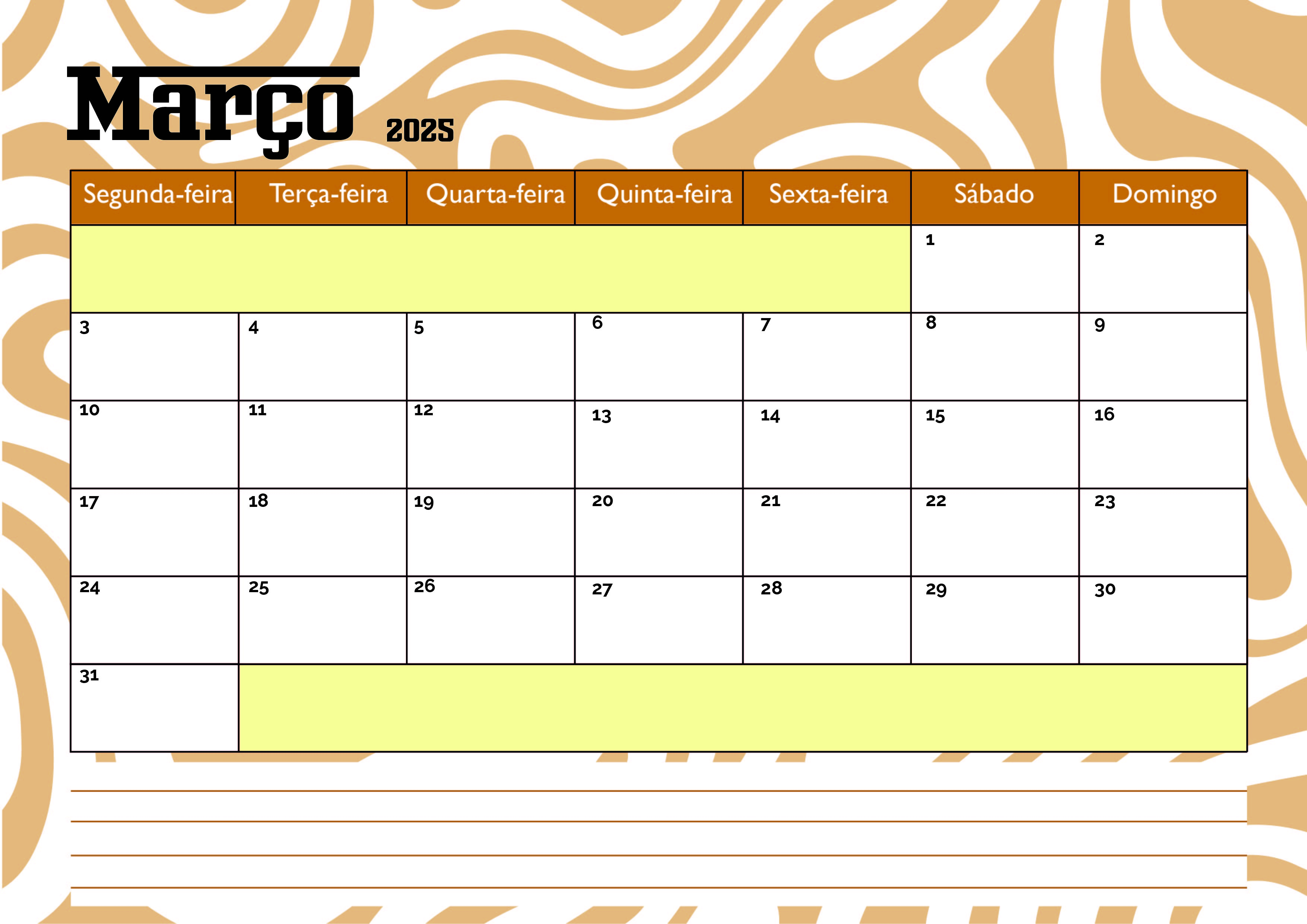 Calendário Março 2025 para imprimir