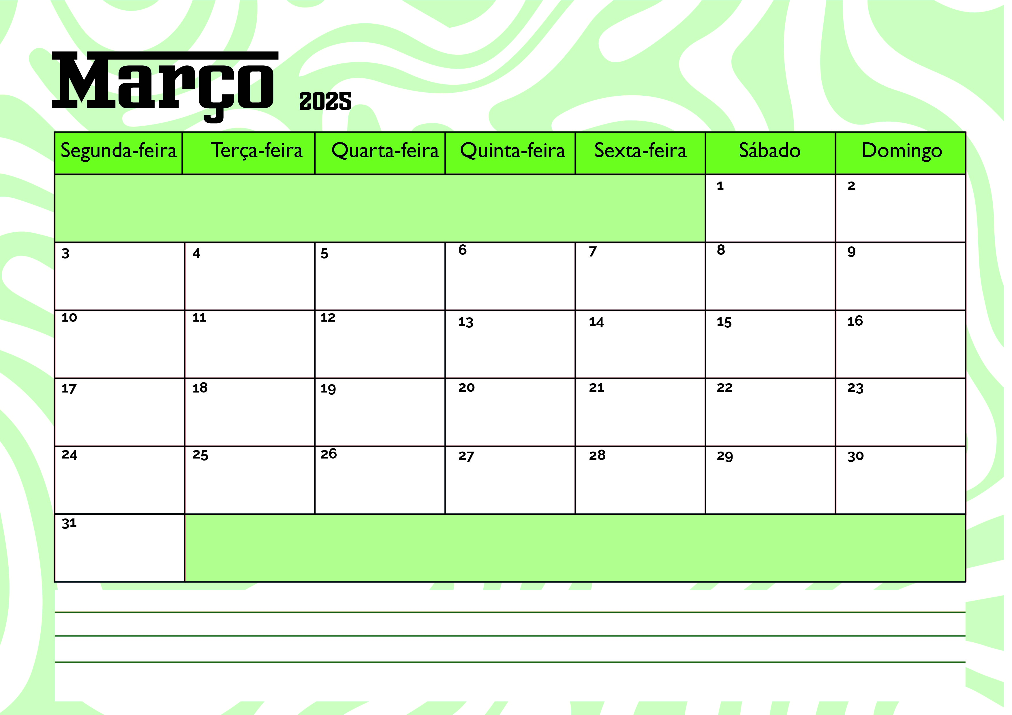 Calendário Março 2025 para imprimir