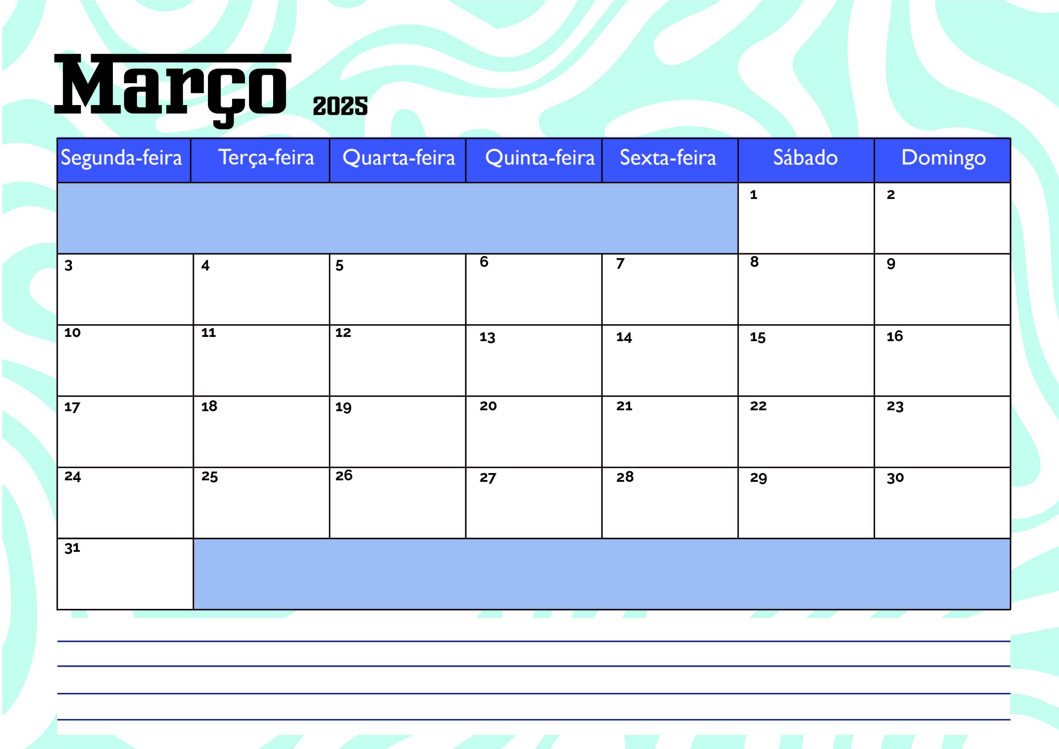 Calendário Março 2025 para imprimir