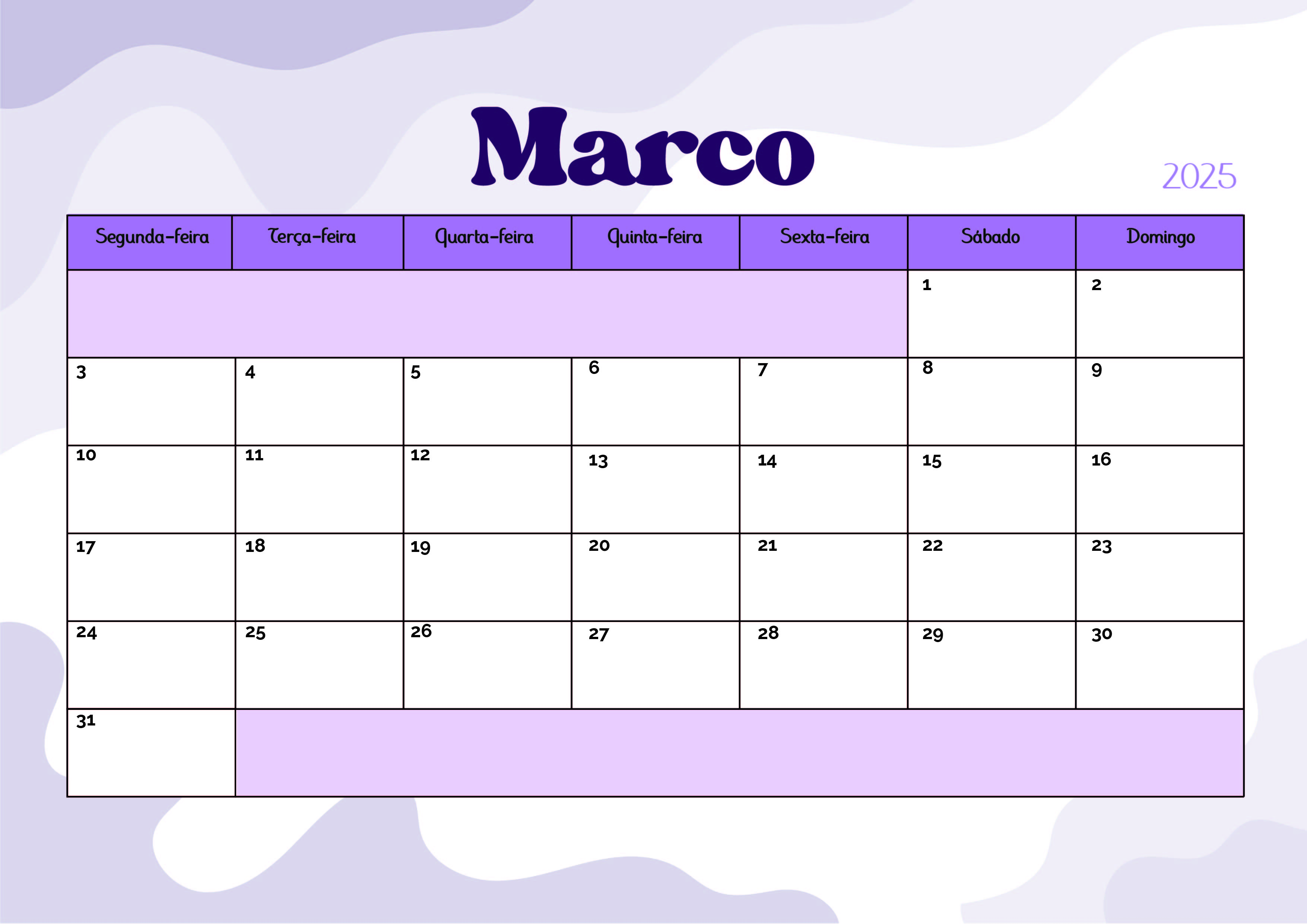 Calendário Março 2025 para imprimir