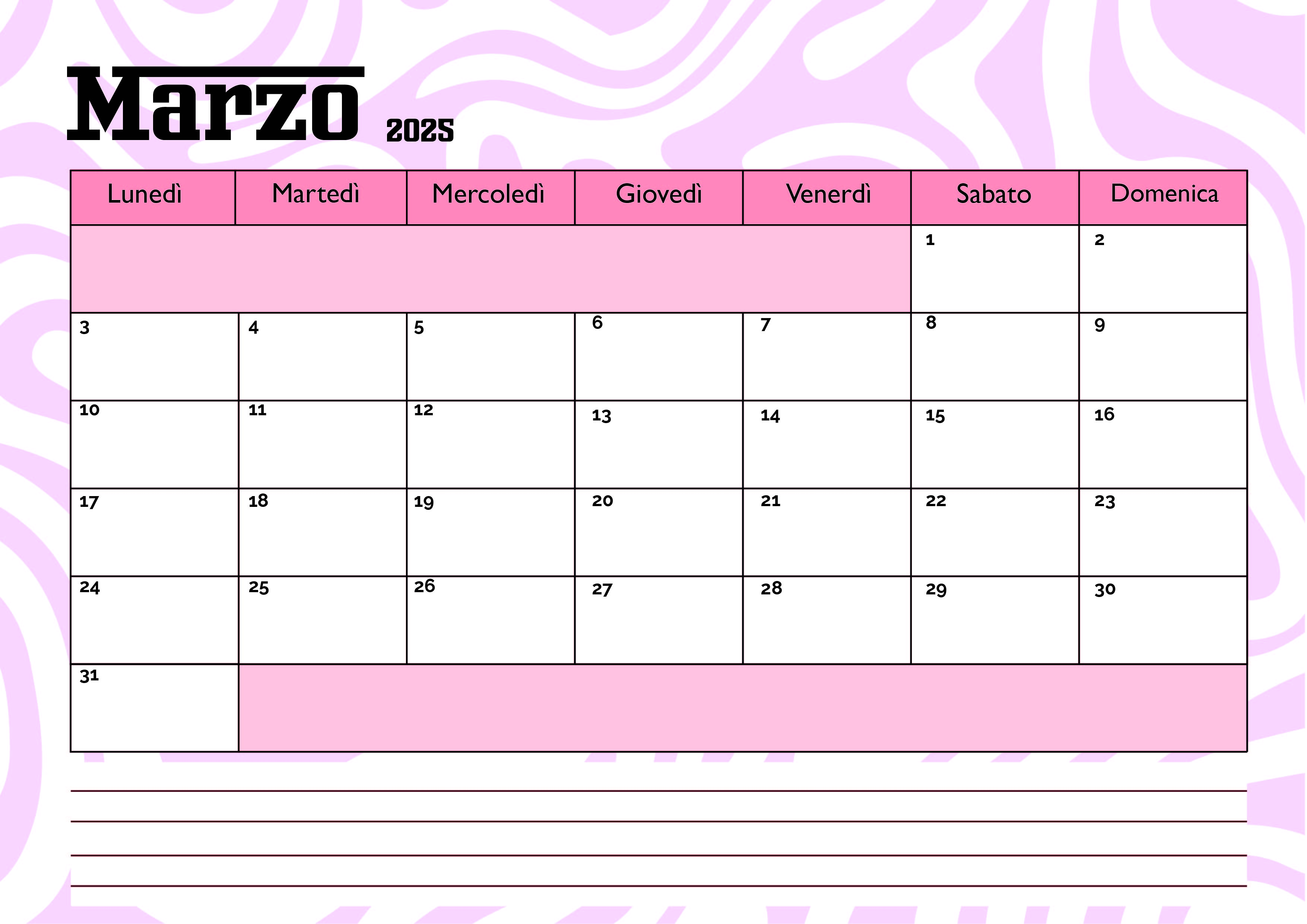 Calendario Marzo 2025 da stampare