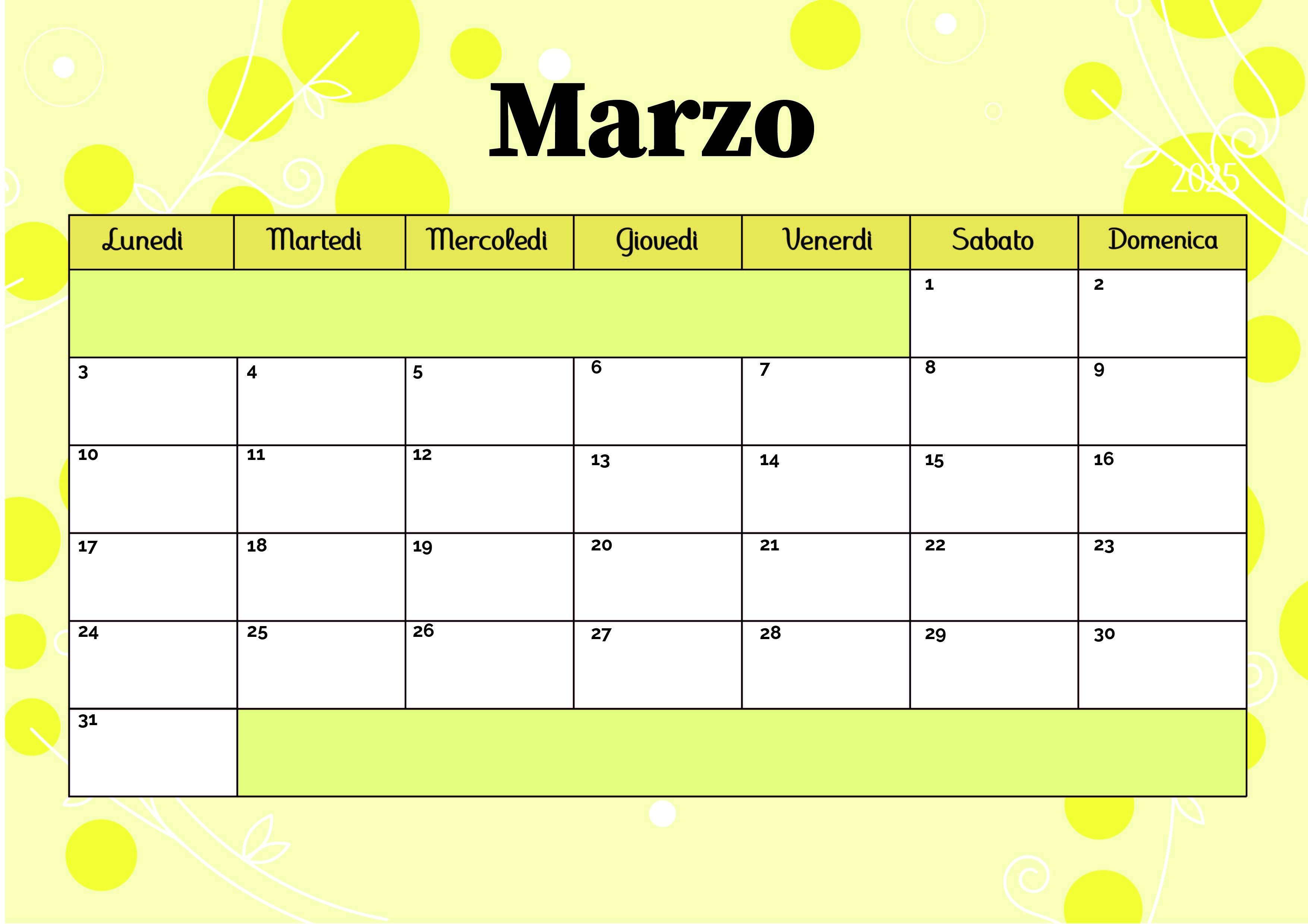 Calendario Marzo 2025 da stampare