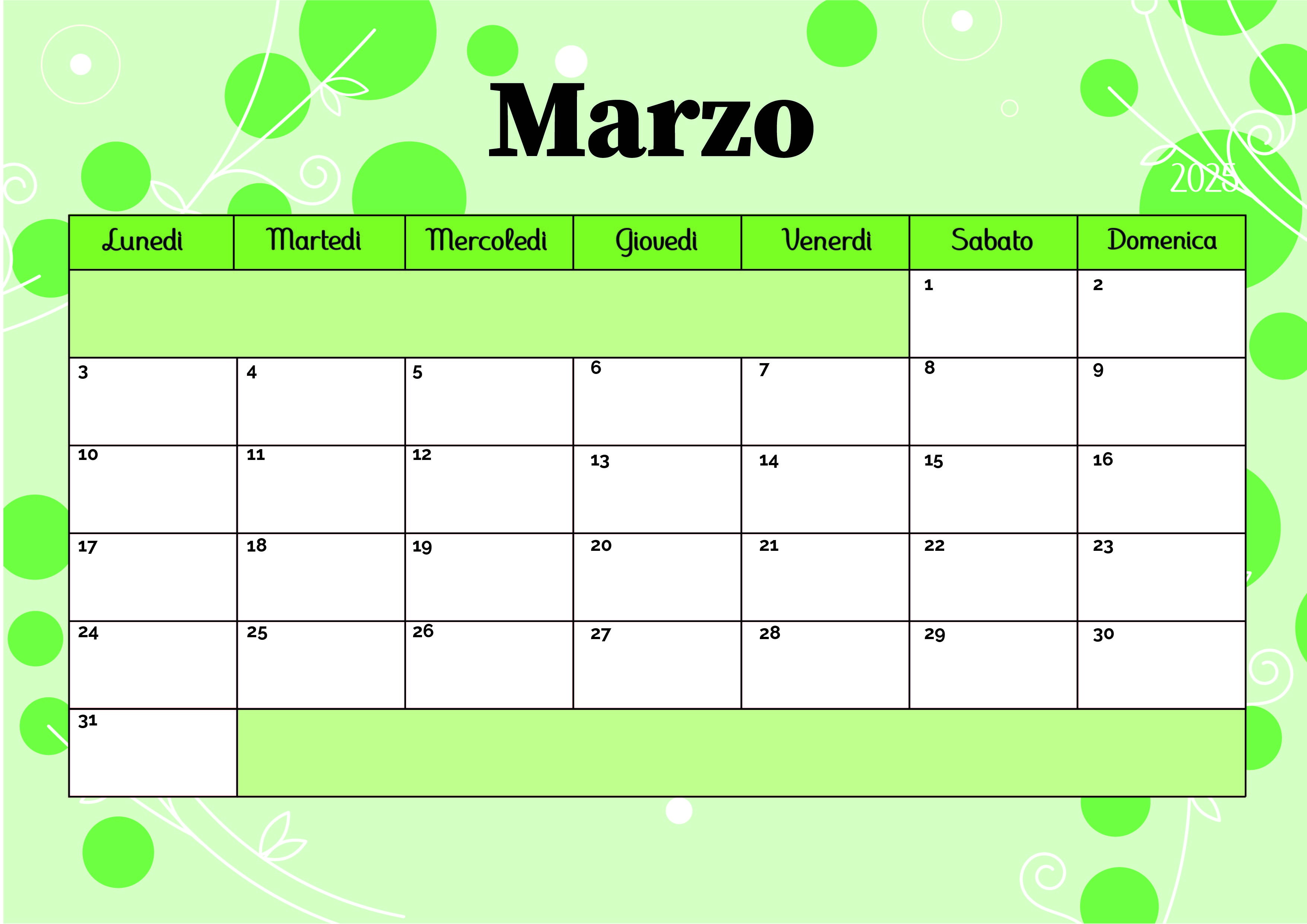 Calendario Marzo 2025 da stampare