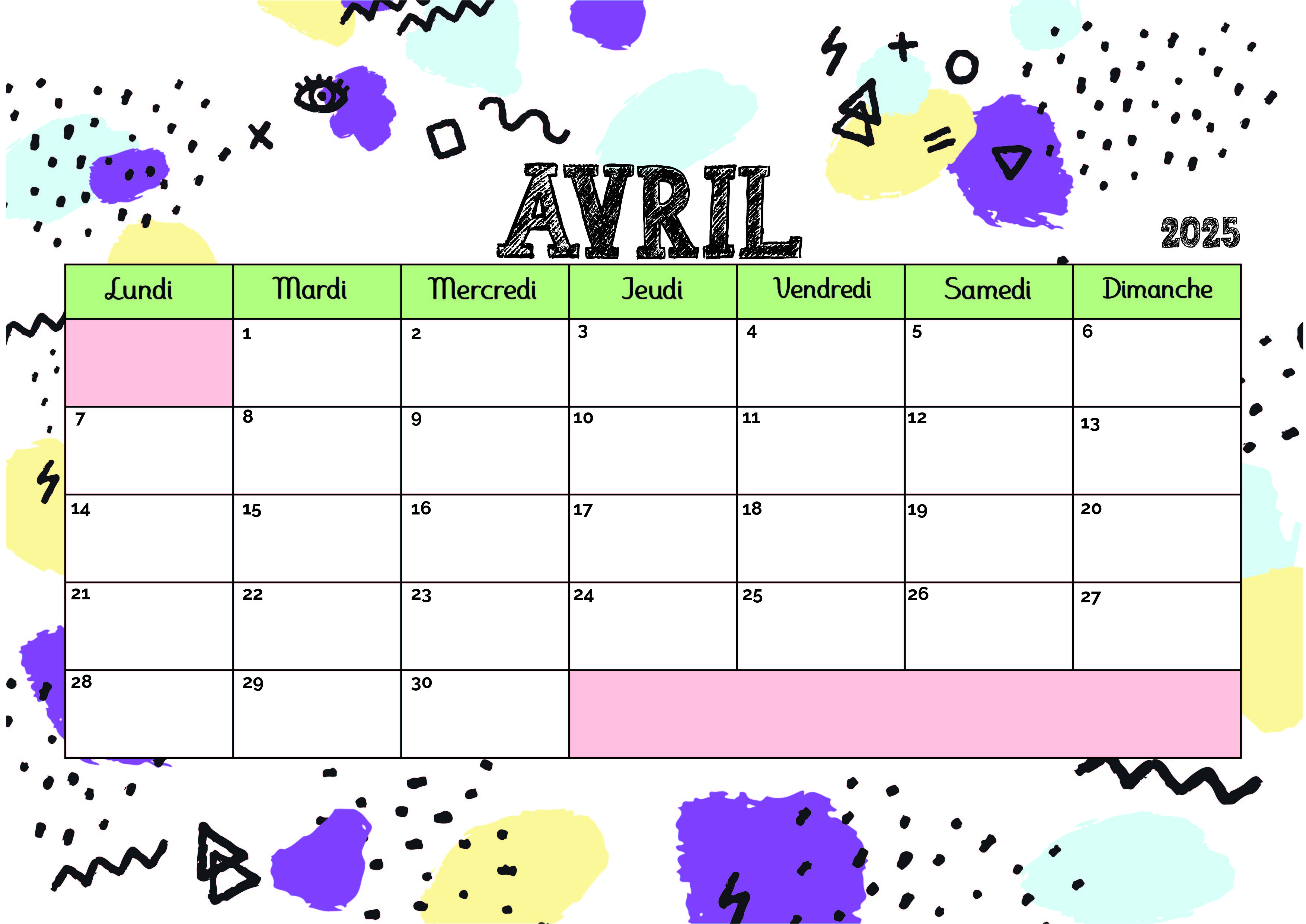 Calendrier de Avril 2025 à imprimer en PDF