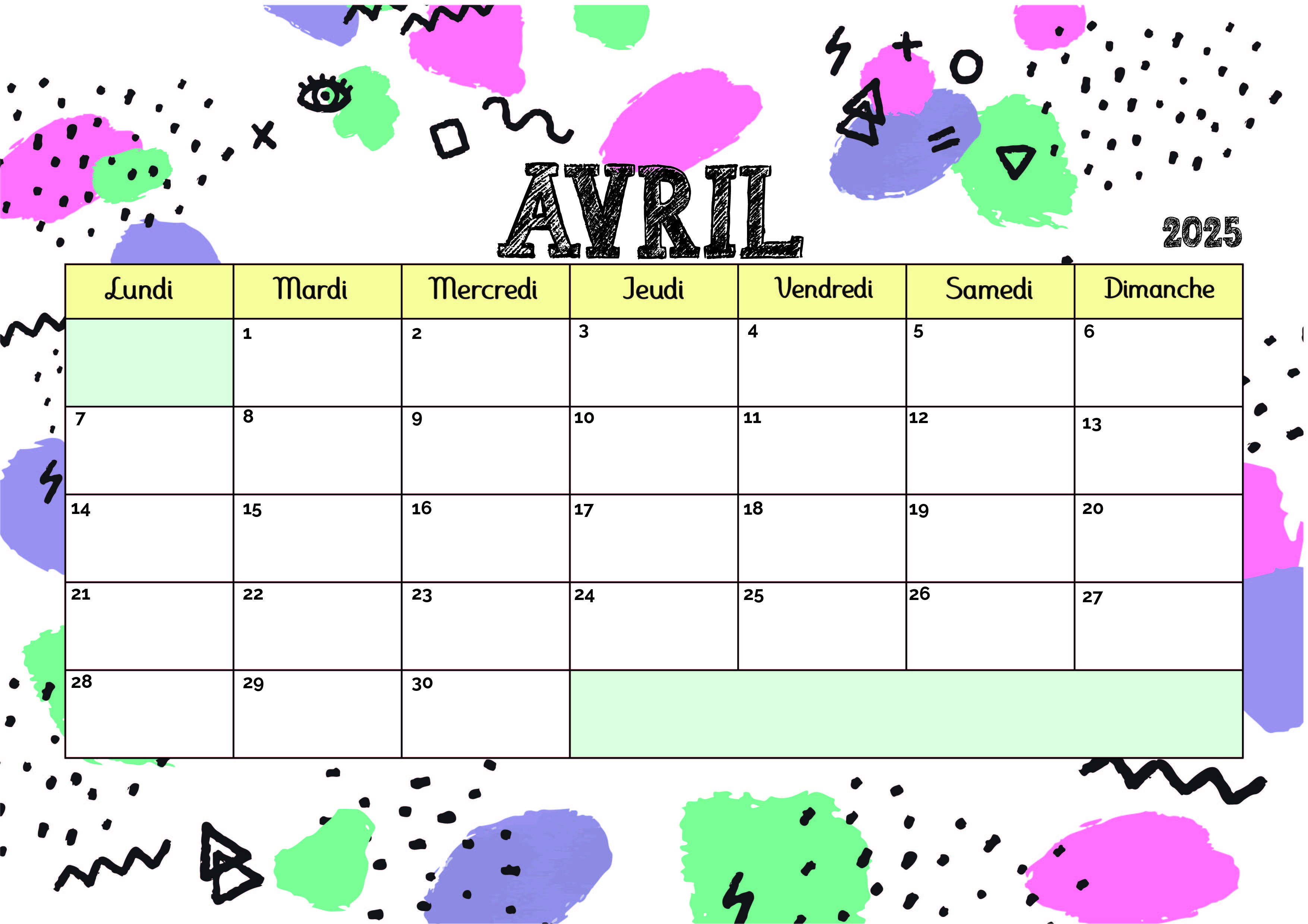 Calendrier de Avril 2025 à imprimer en PDF