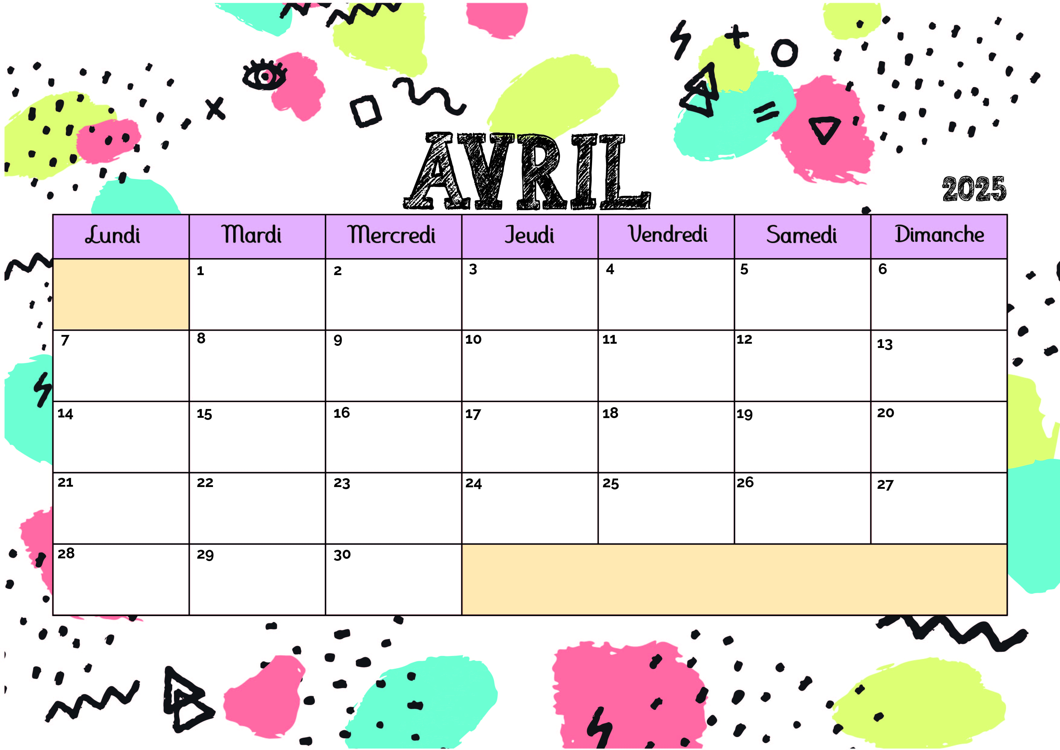 Calendrier de Avril 2025 à imprimer en PDF