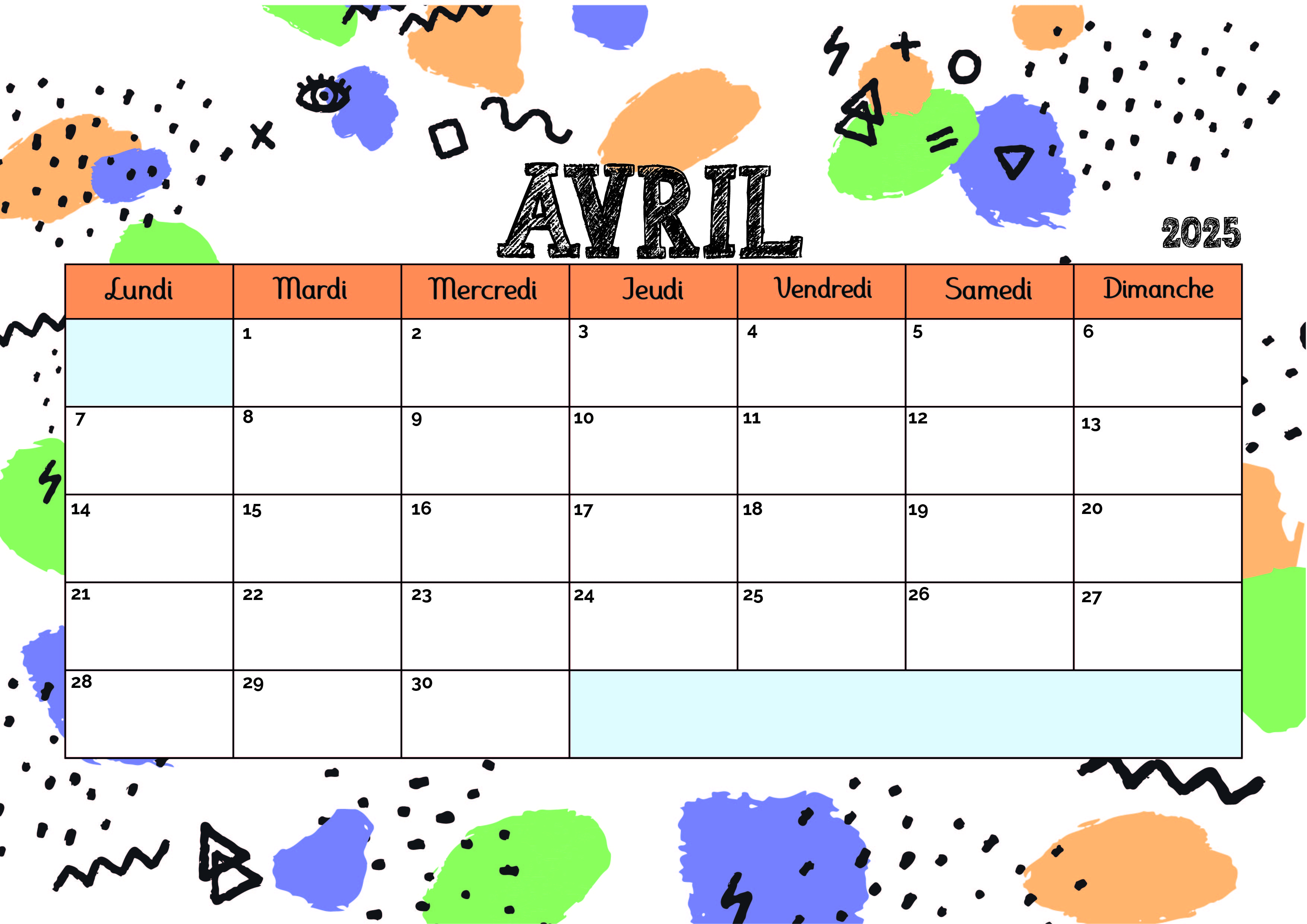 Calendrier de Avril 2025 à imprimer en PDF