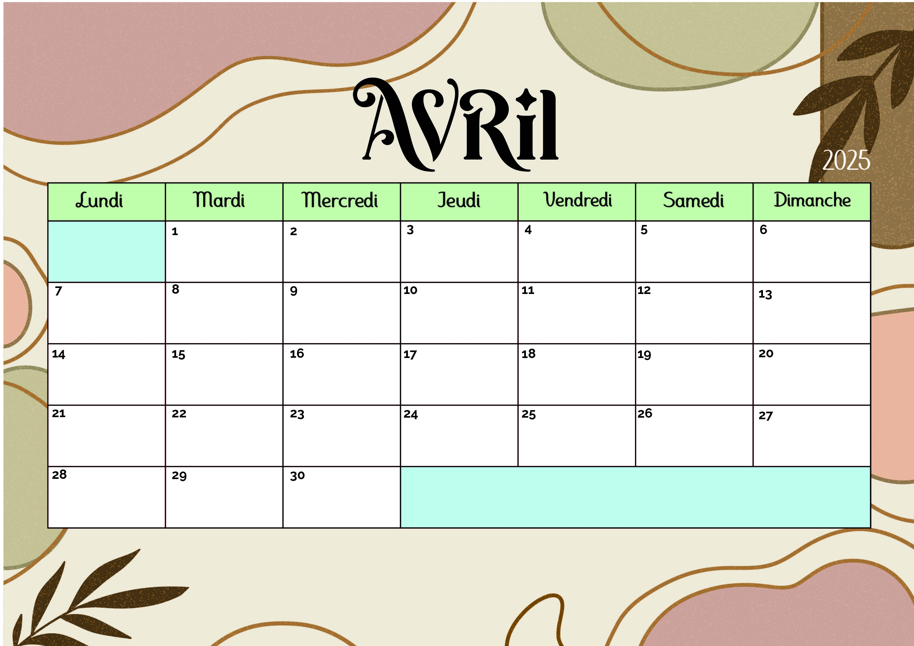 Calendrier de Avril 2025 à imprimer en PDF