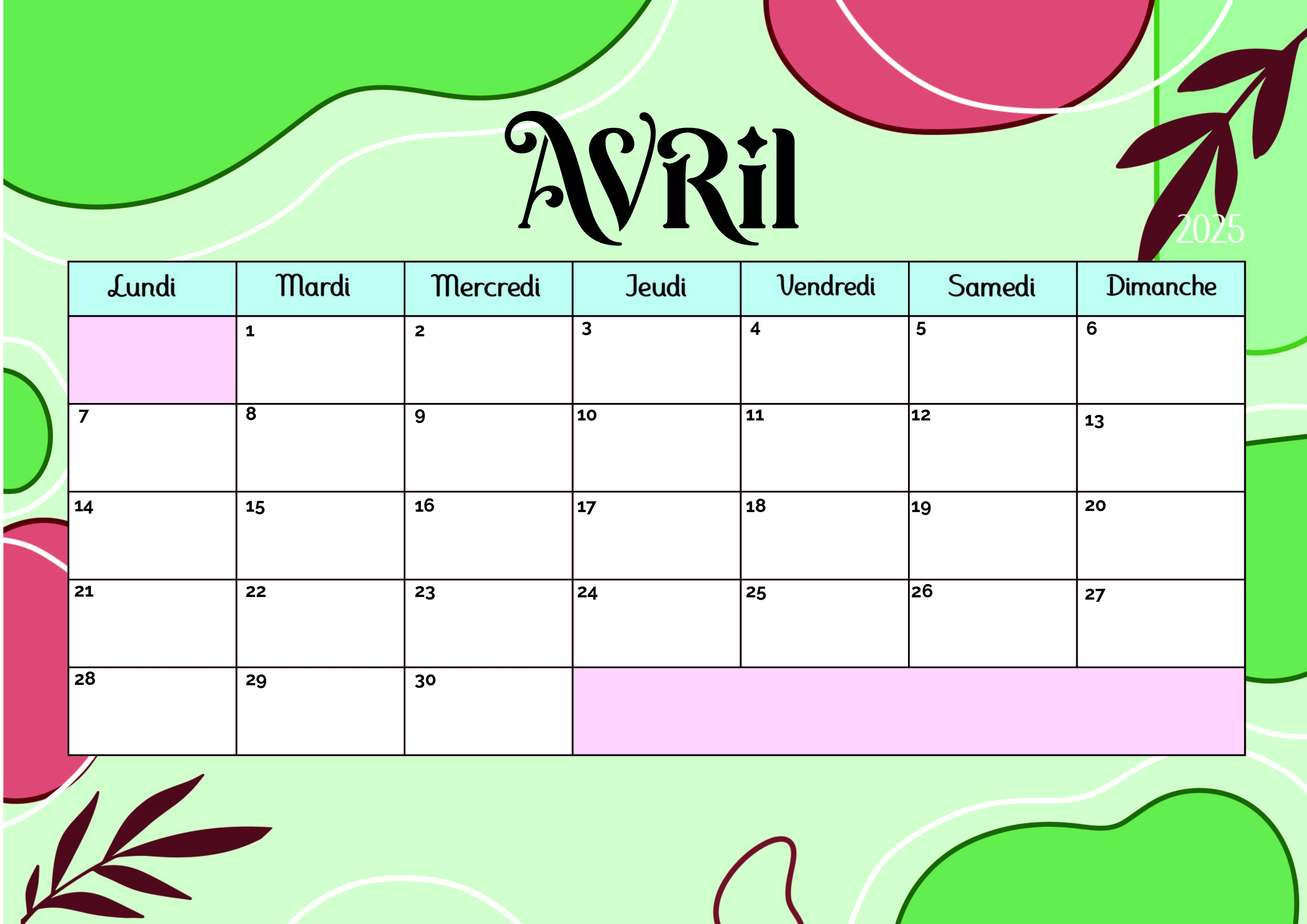 Calendrier de Avril 2025 à imprimer en PDF