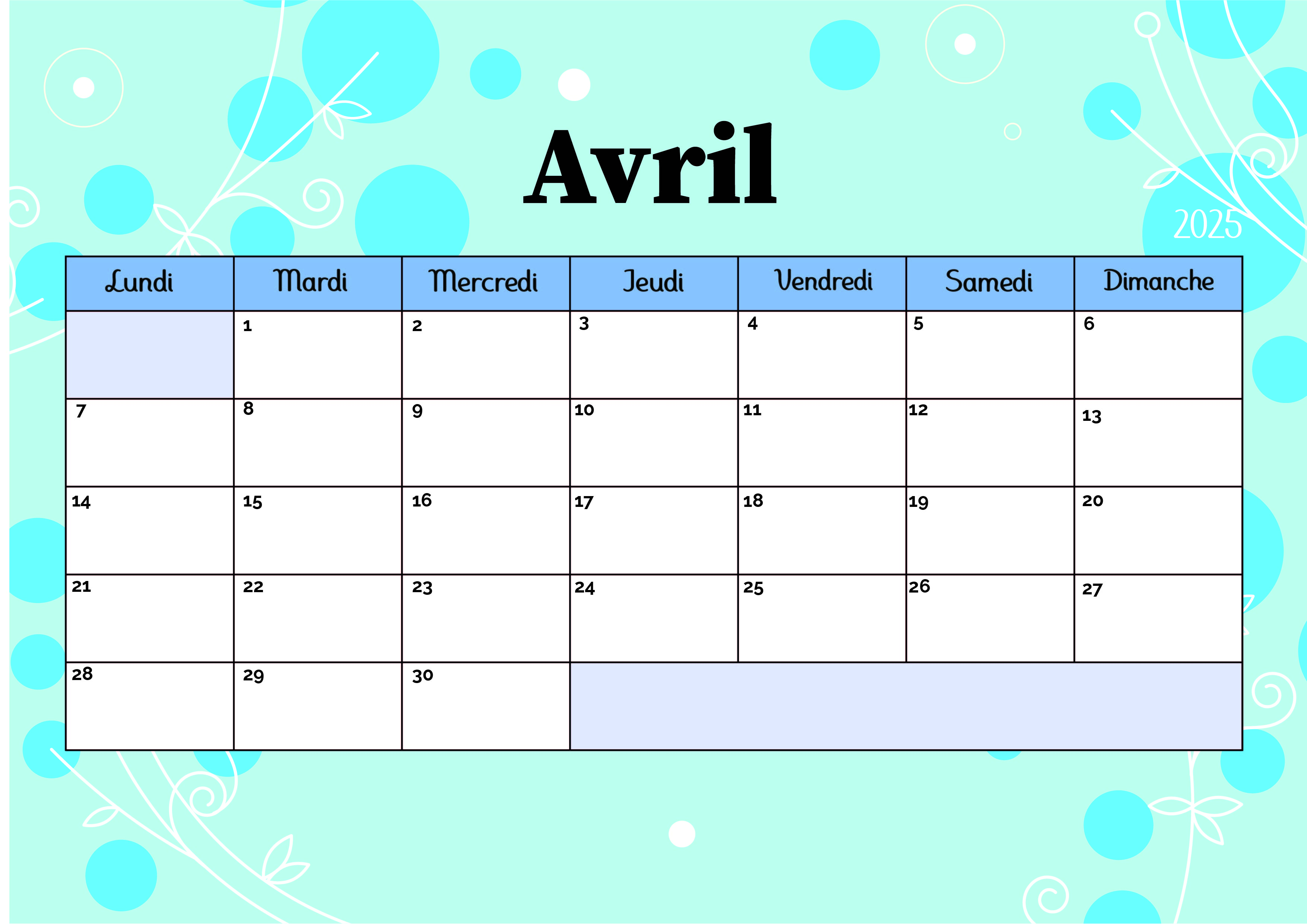 Calendrier de Avril 2025 à imprimer en PDF