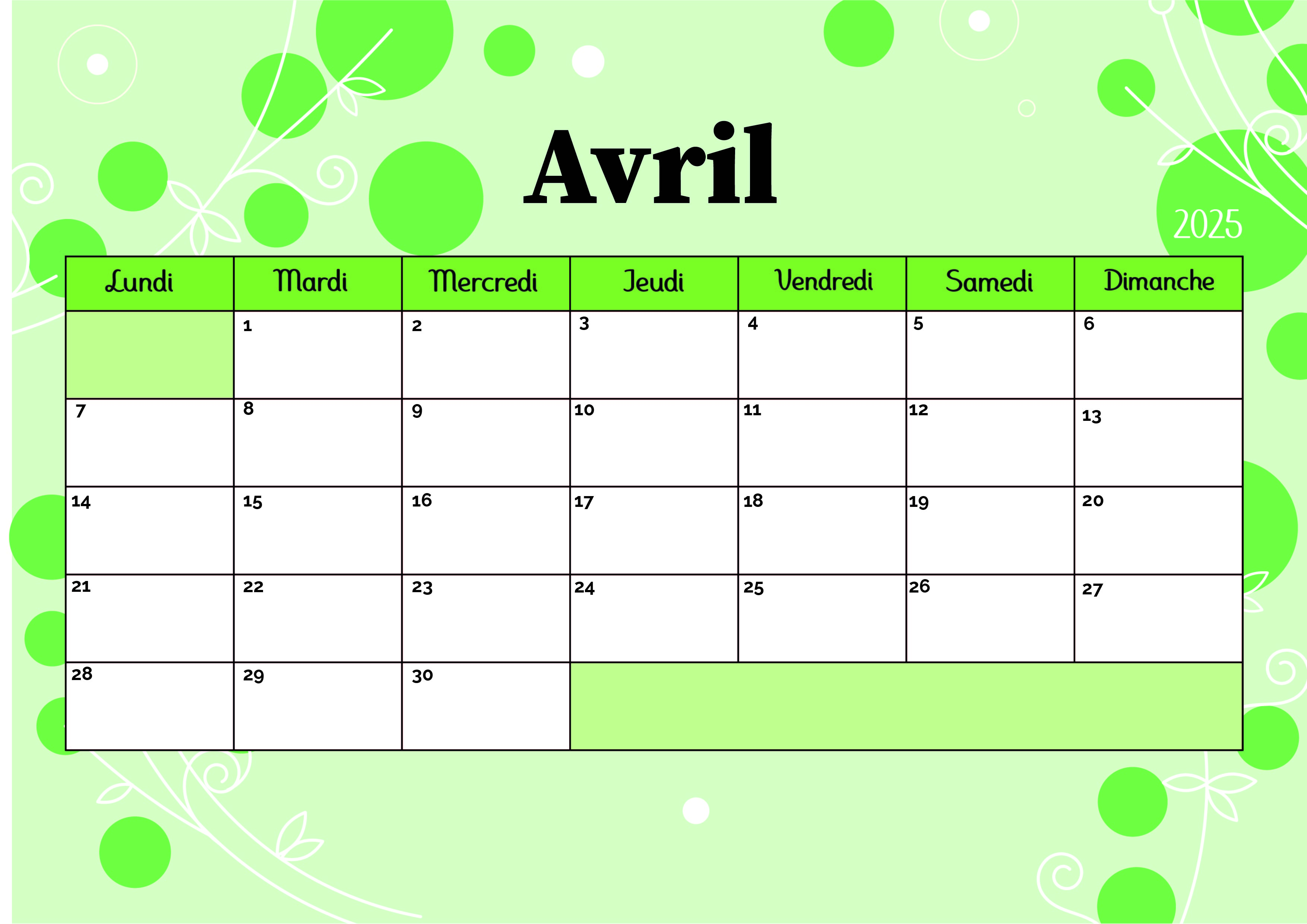 Calendrier de Avril 2025 à imprimer en PDF