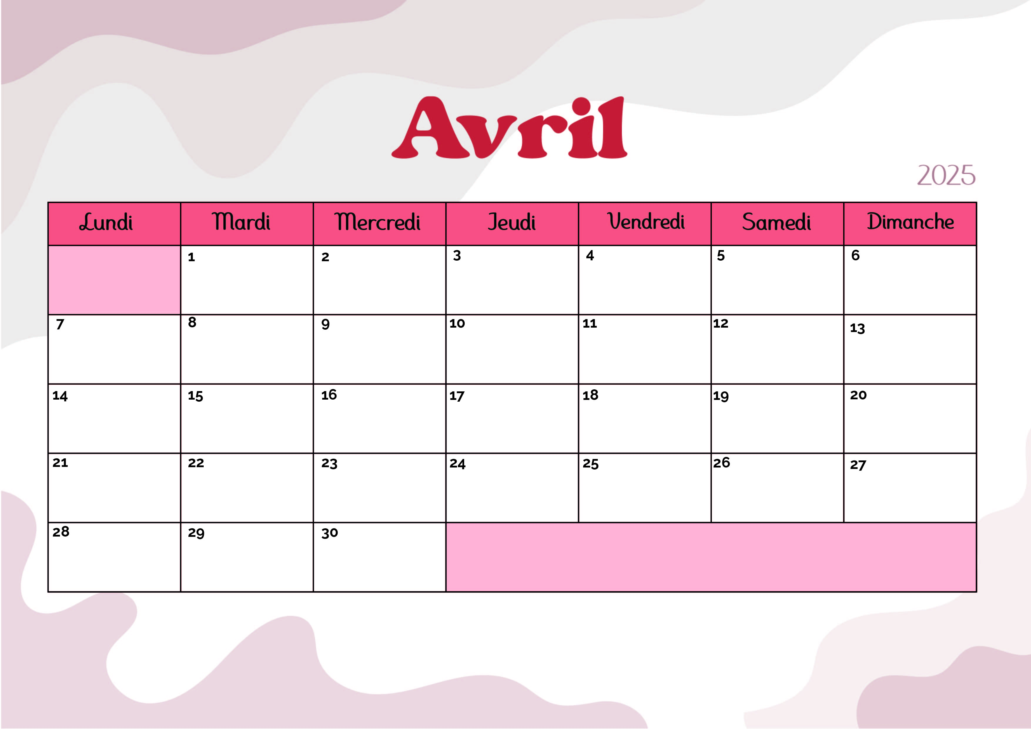 Calendrier de Avril 2025 à imprimer en PDF