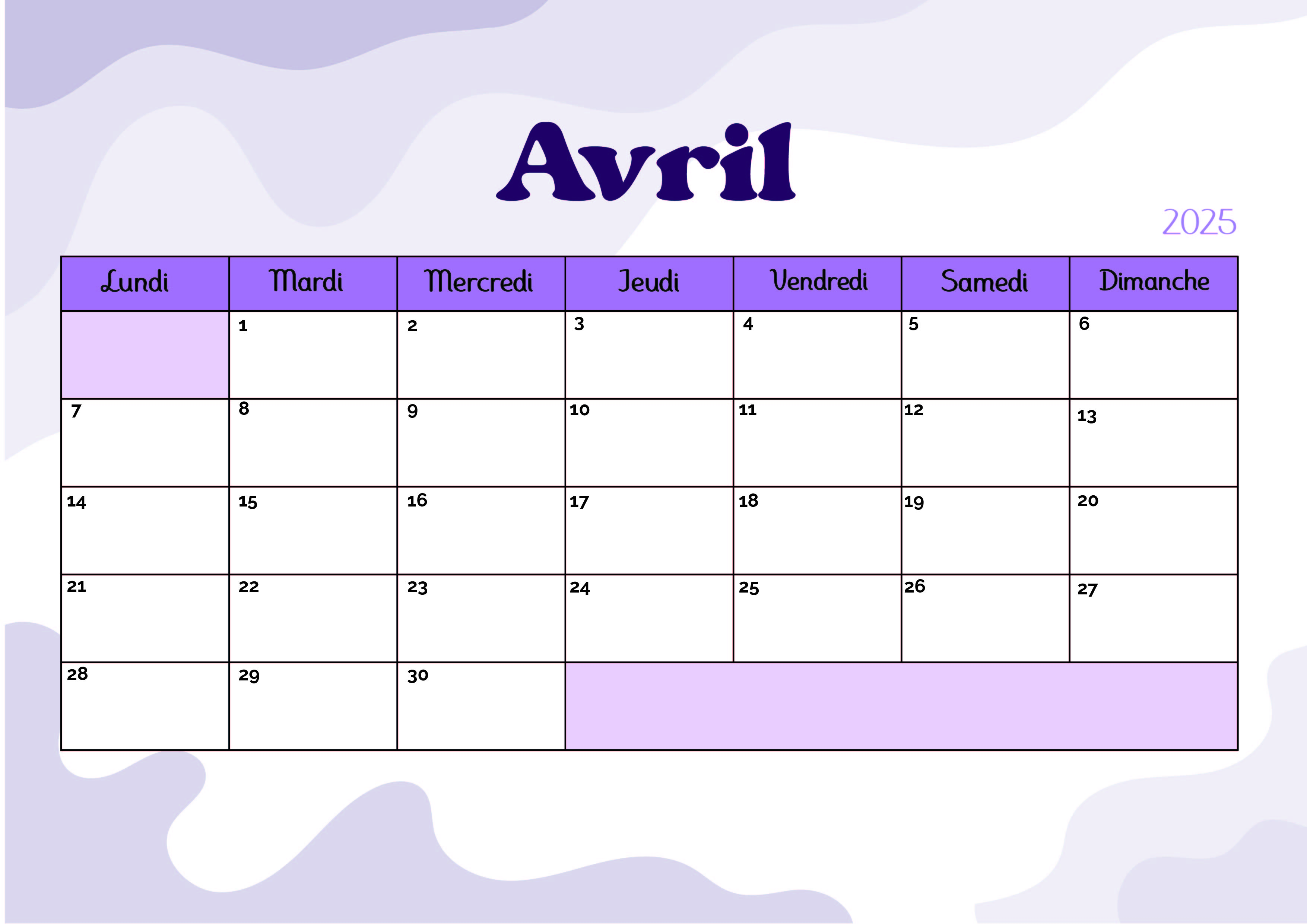 Calendrier de Avril 2025 à imprimer en PDF