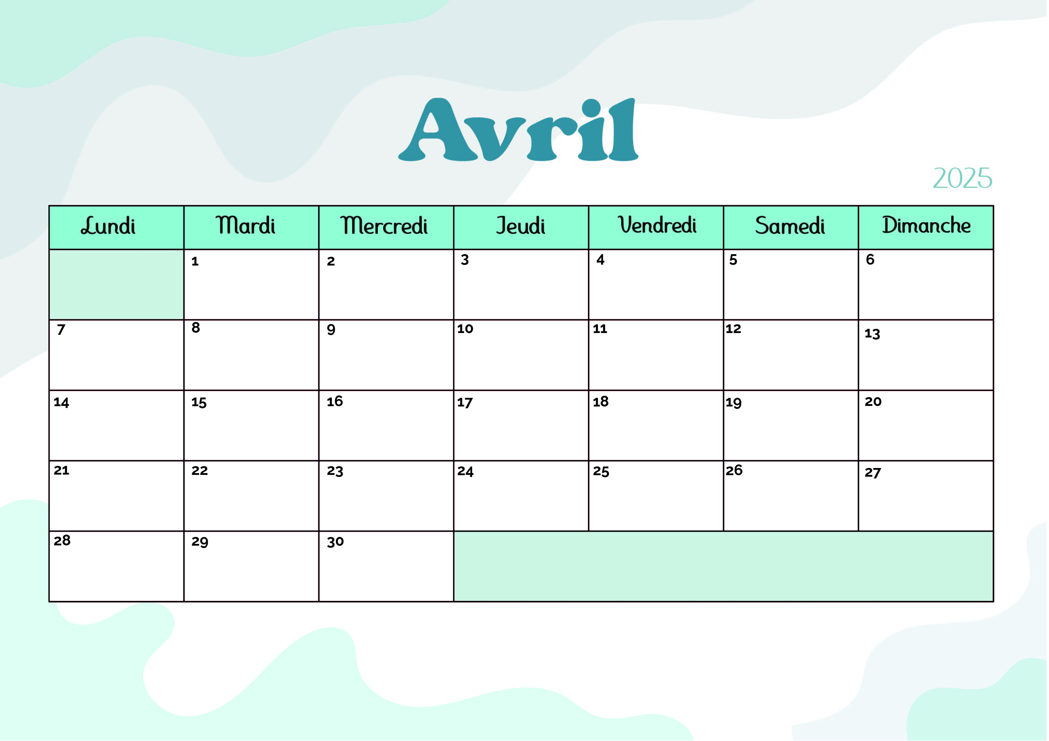 Calendrier de Avril 2025 à imprimer en PDF