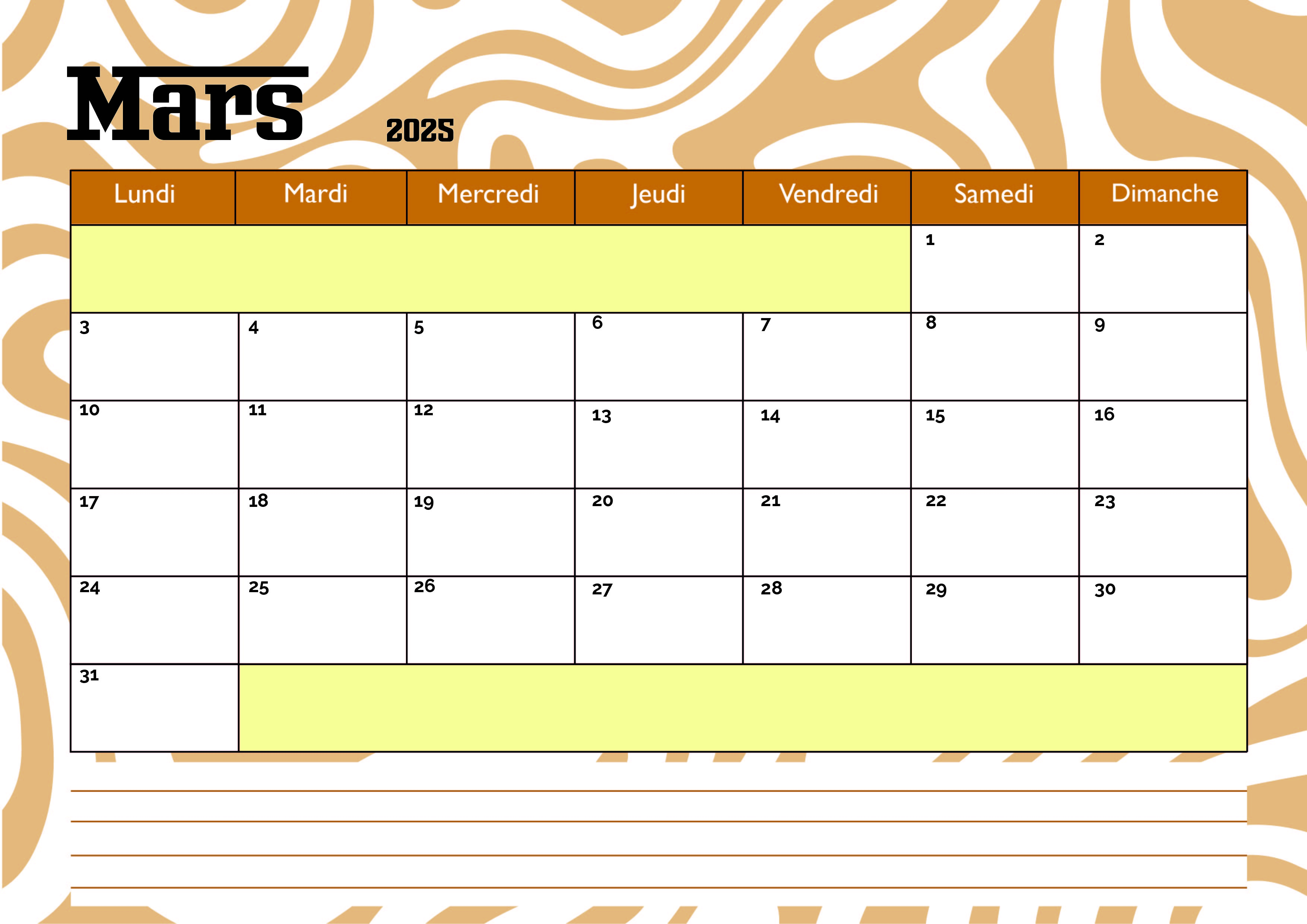 Calendrier Mars 2025 à imprimer