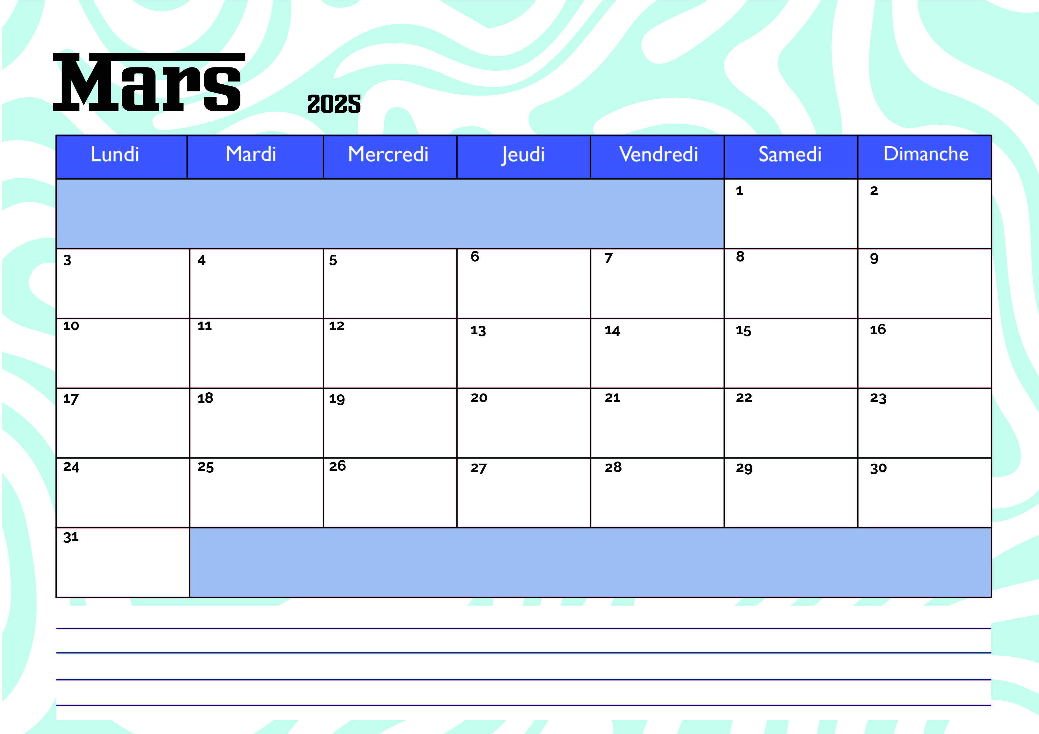 Calendrier Mars 2025 à imprimer