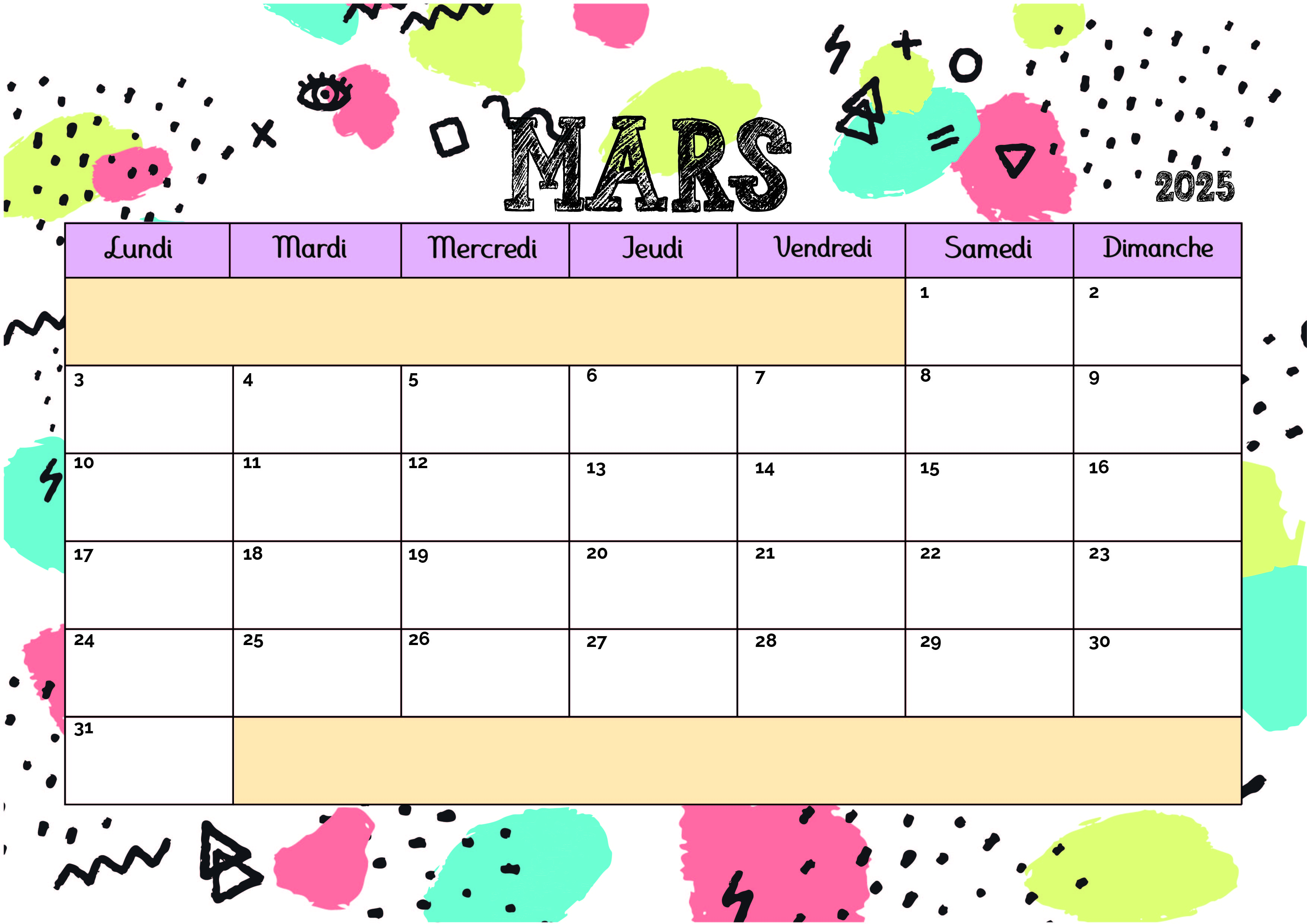 Calendrier Mars 2025 à imprimer