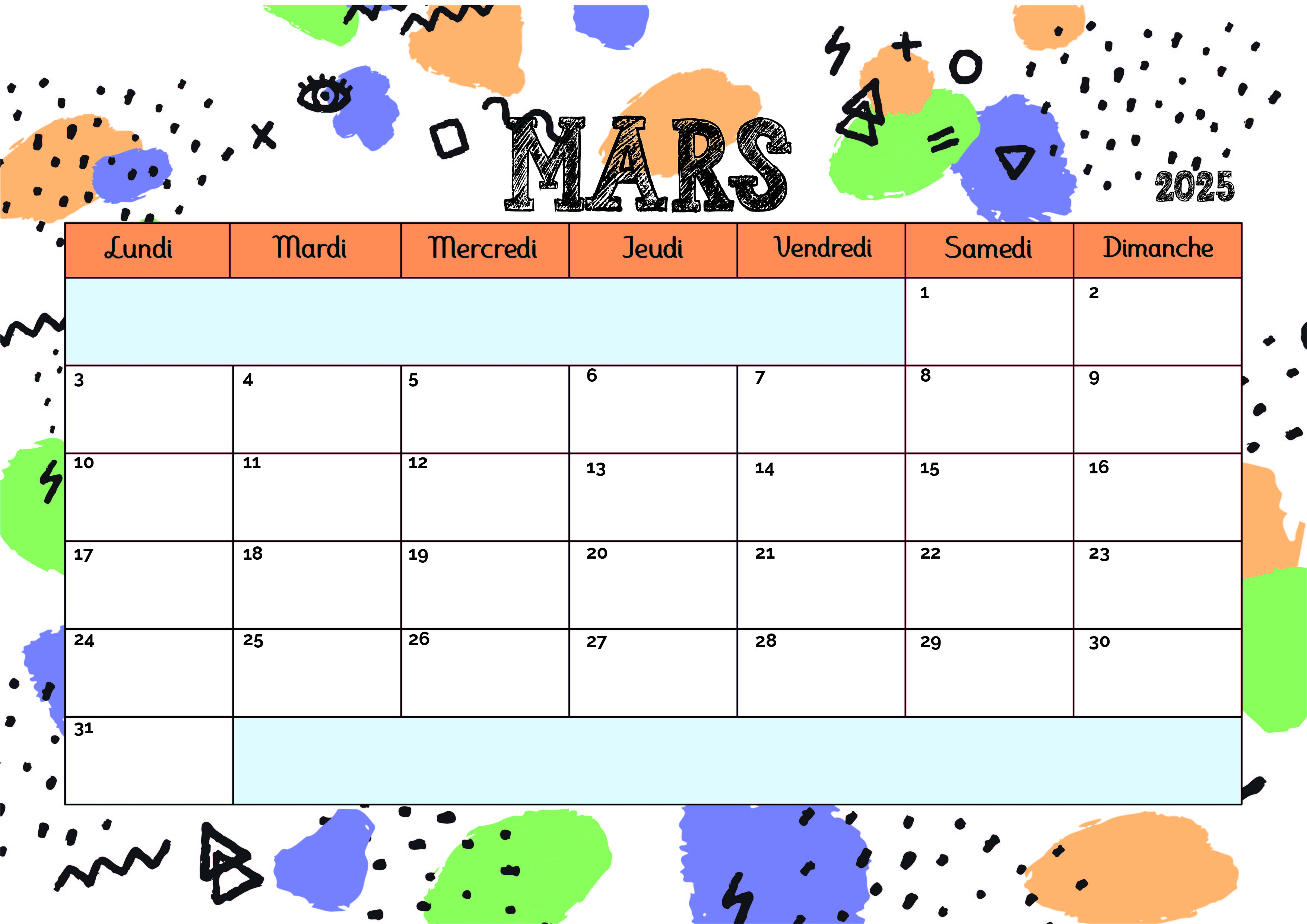 Calendrier Mars 2025 à imprimer