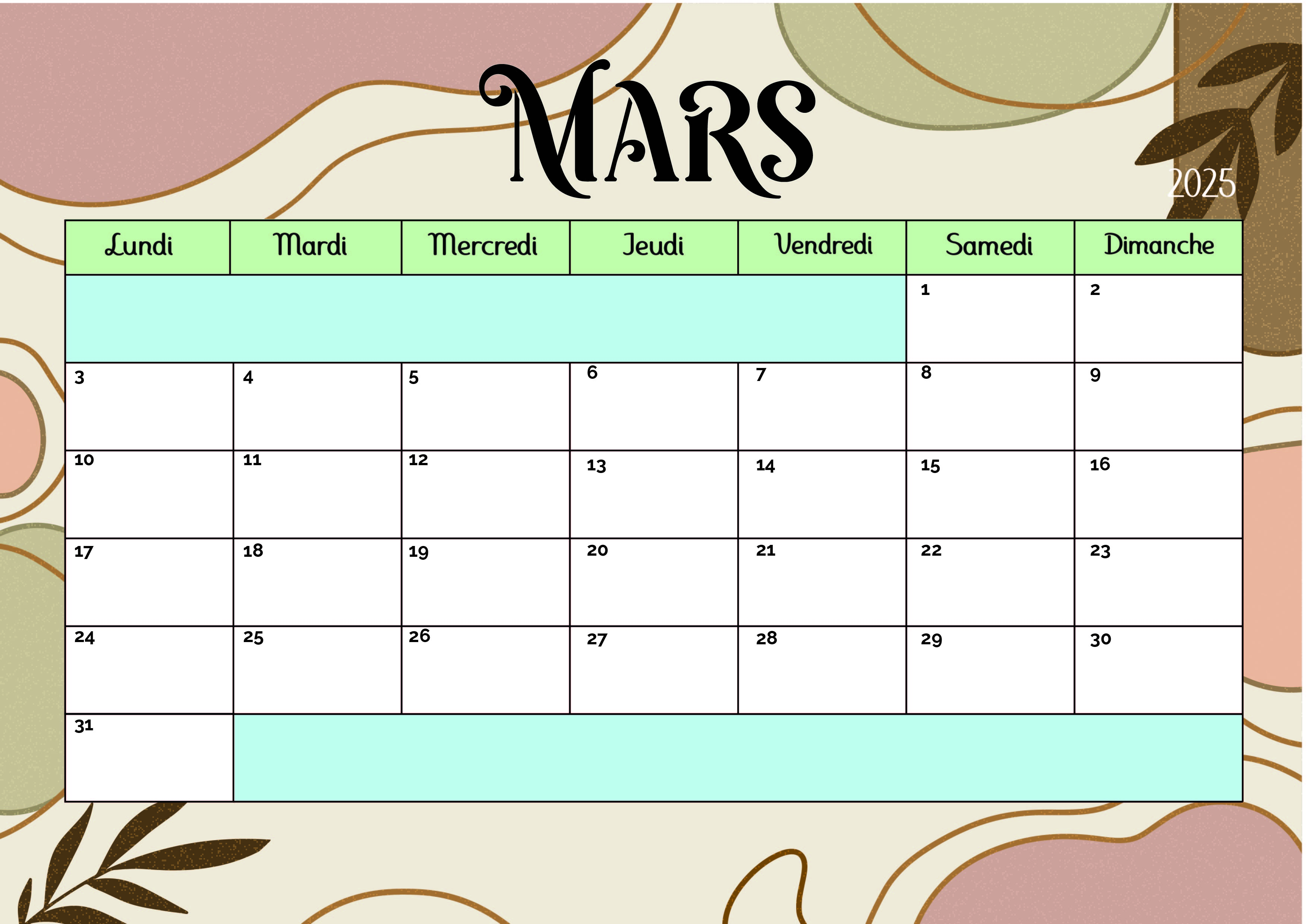 Calendrier Mars 2025 à imprimer