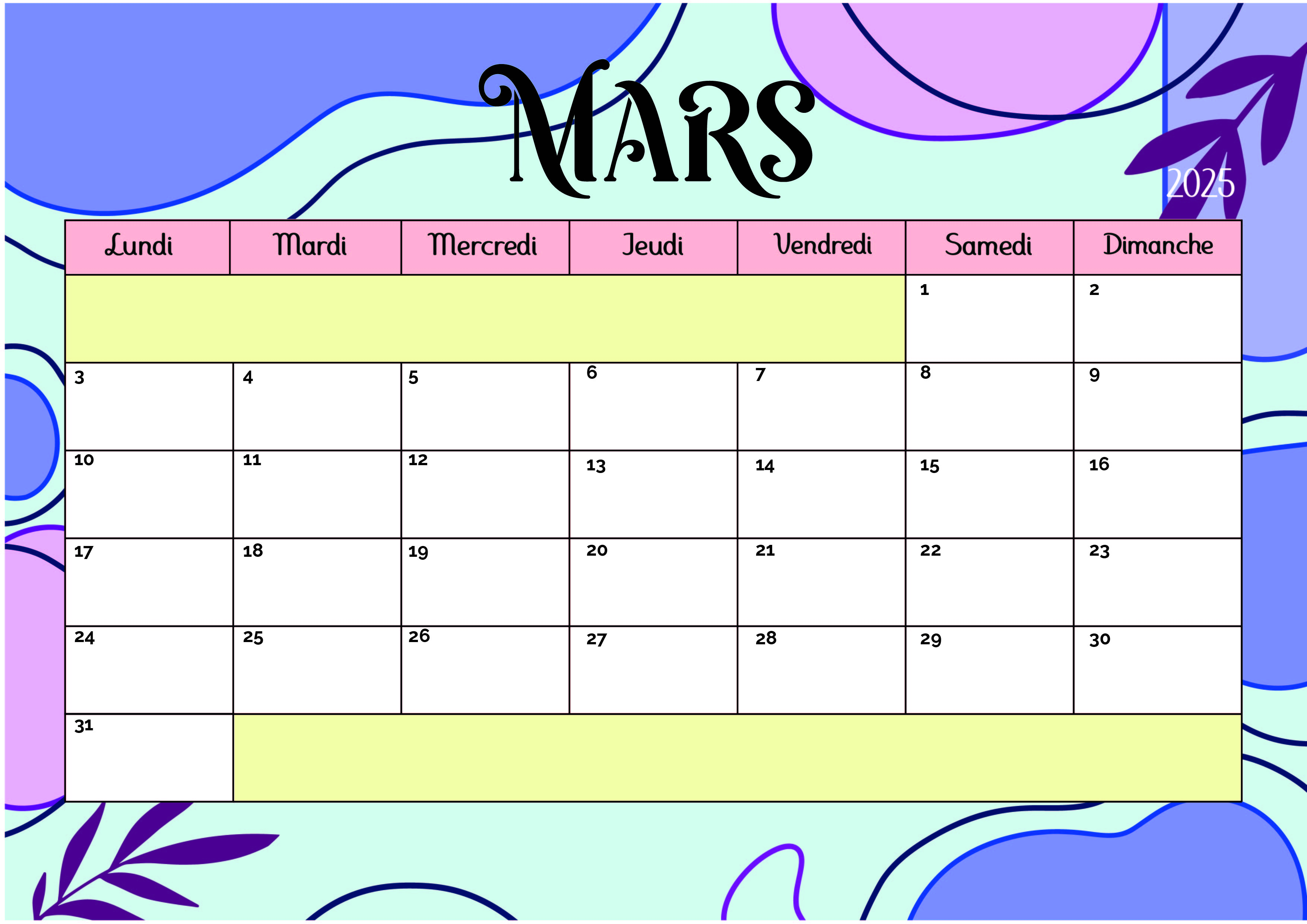 Calendrier Mars 2025 à imprimer