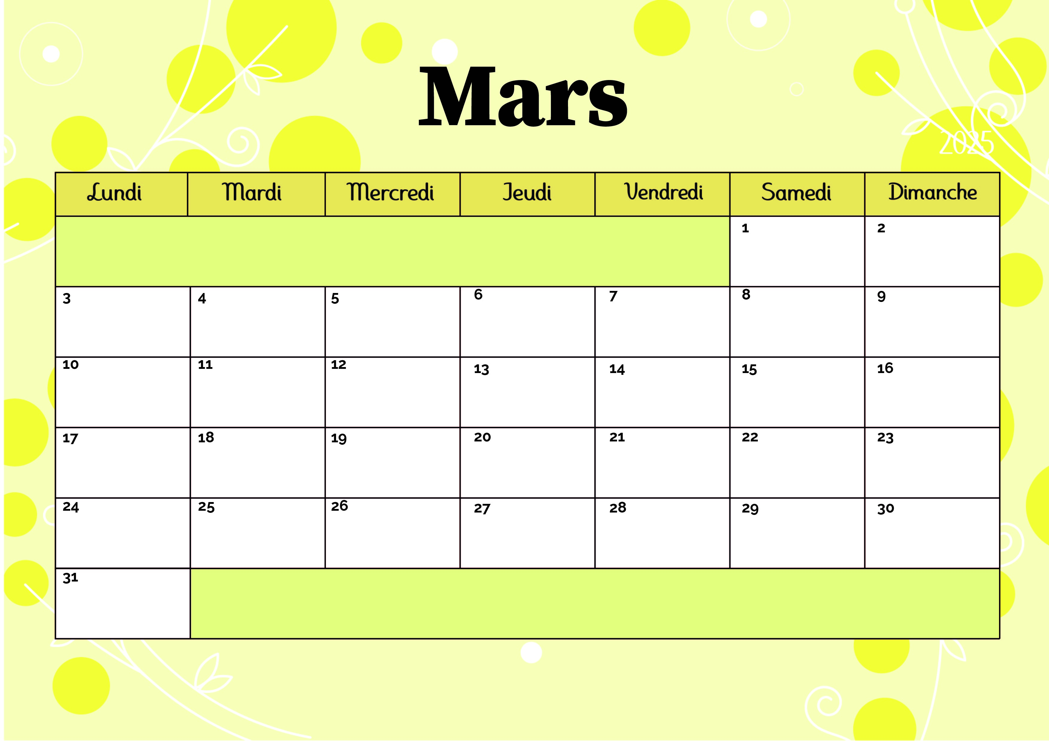 Calendrier Mars 2025 à imprimer