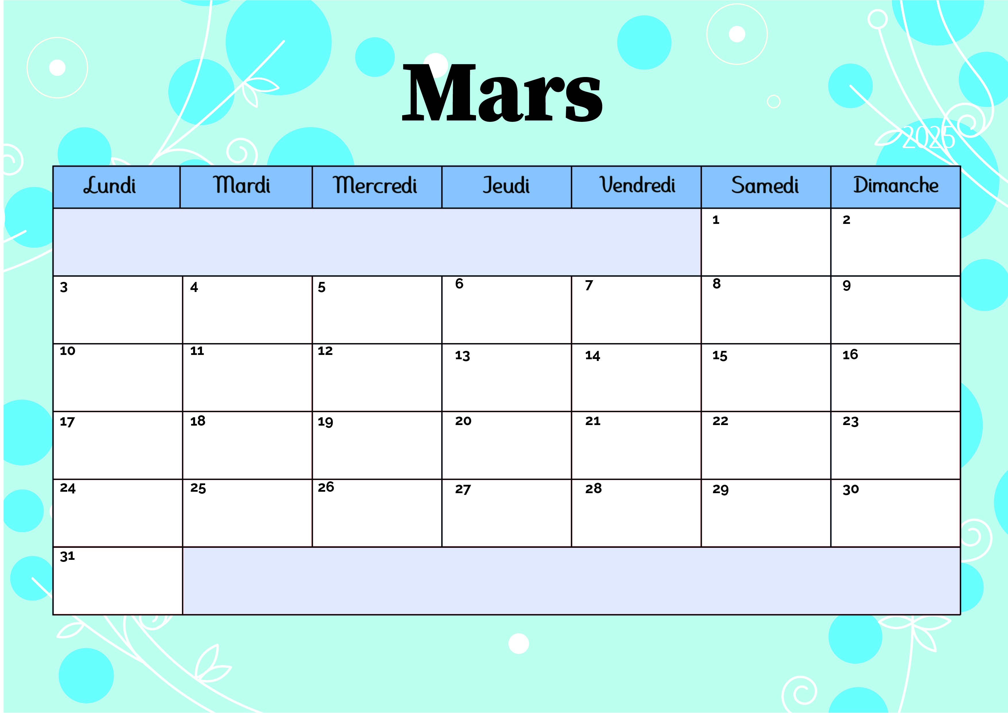 Calendrier Mars 2025 à imprimer