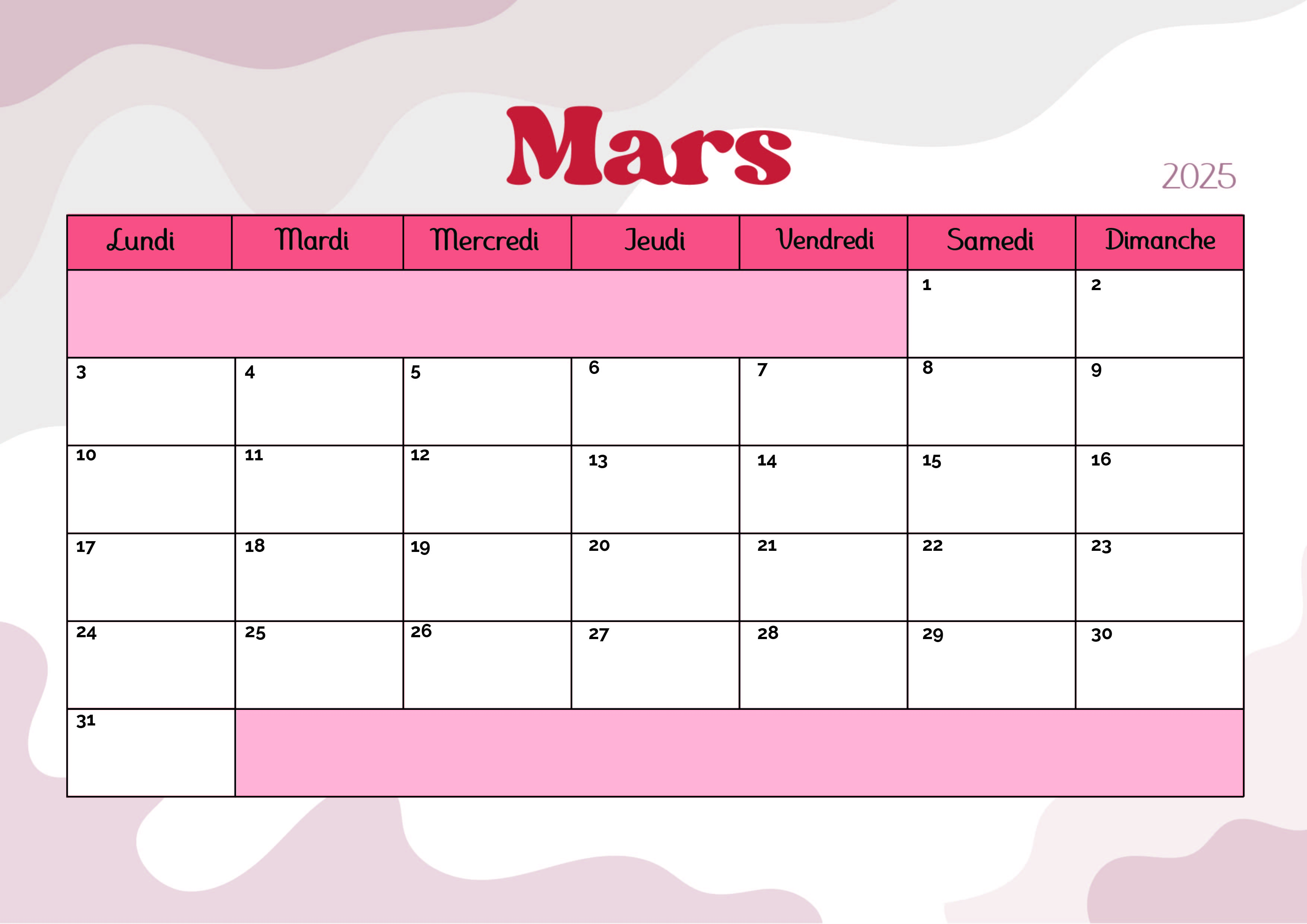 Calendrier Mars 2025 à imprimer