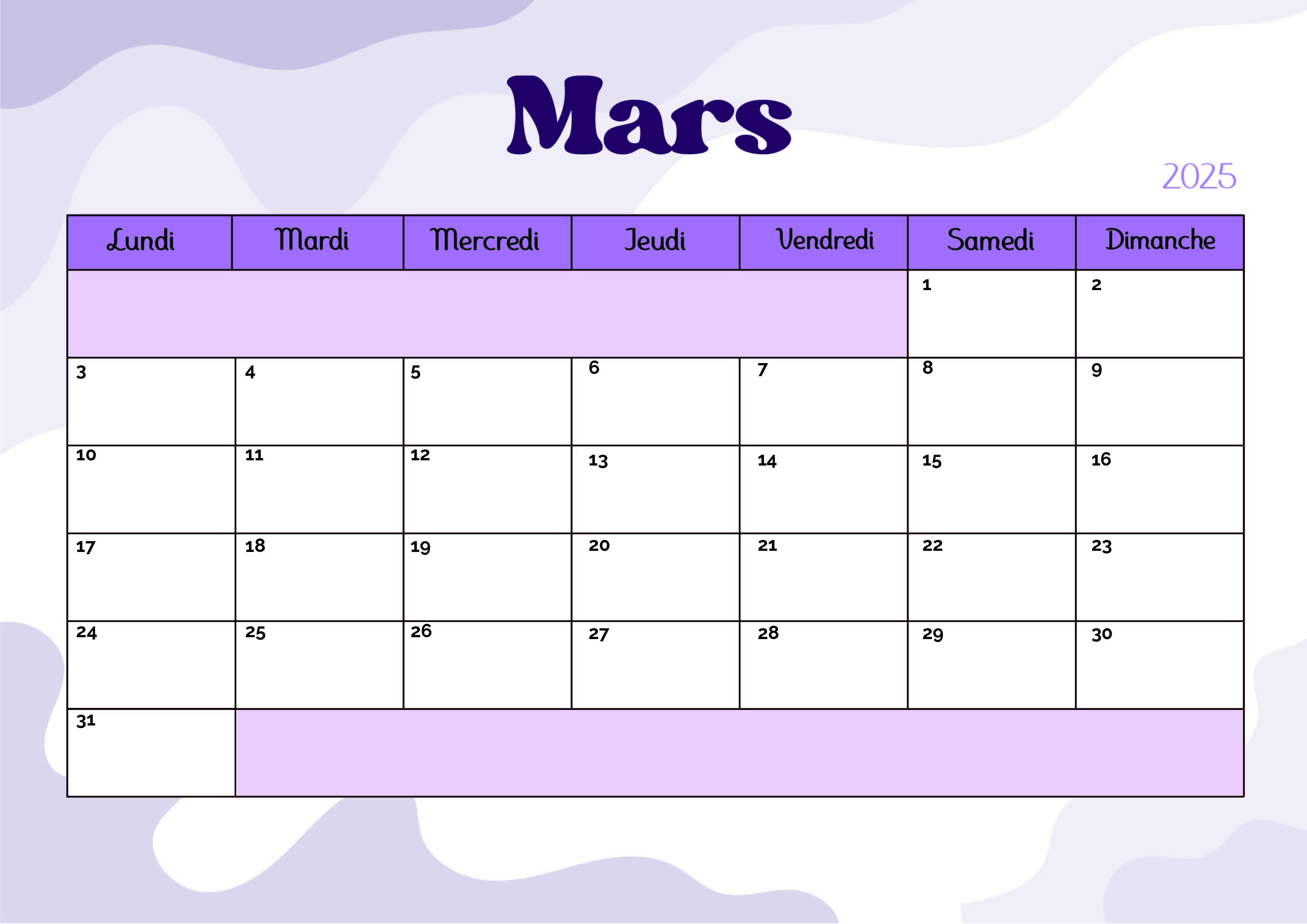 Calendrier Mars 2025 à imprimer