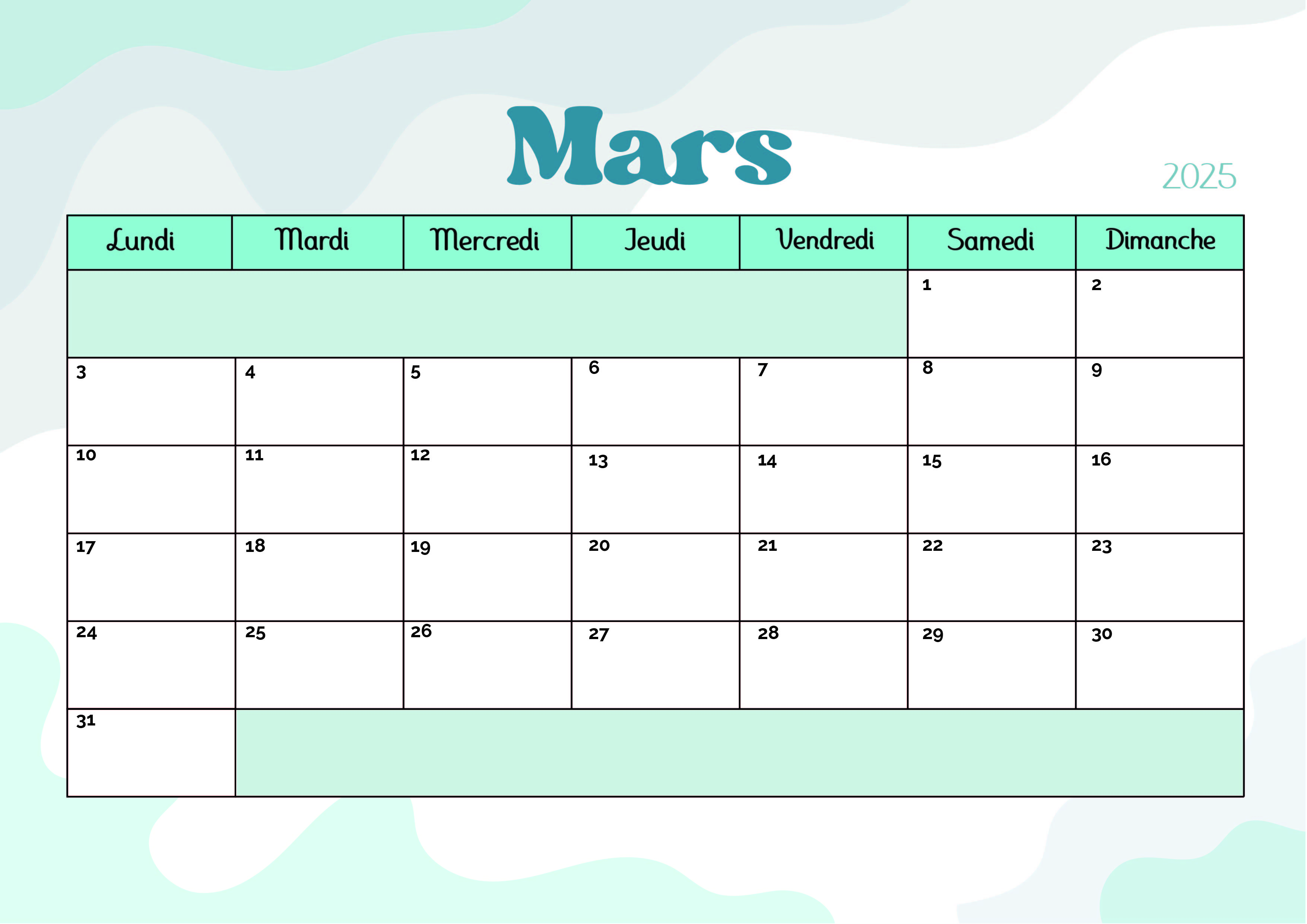 Calendrier Mars 2025 à imprimer